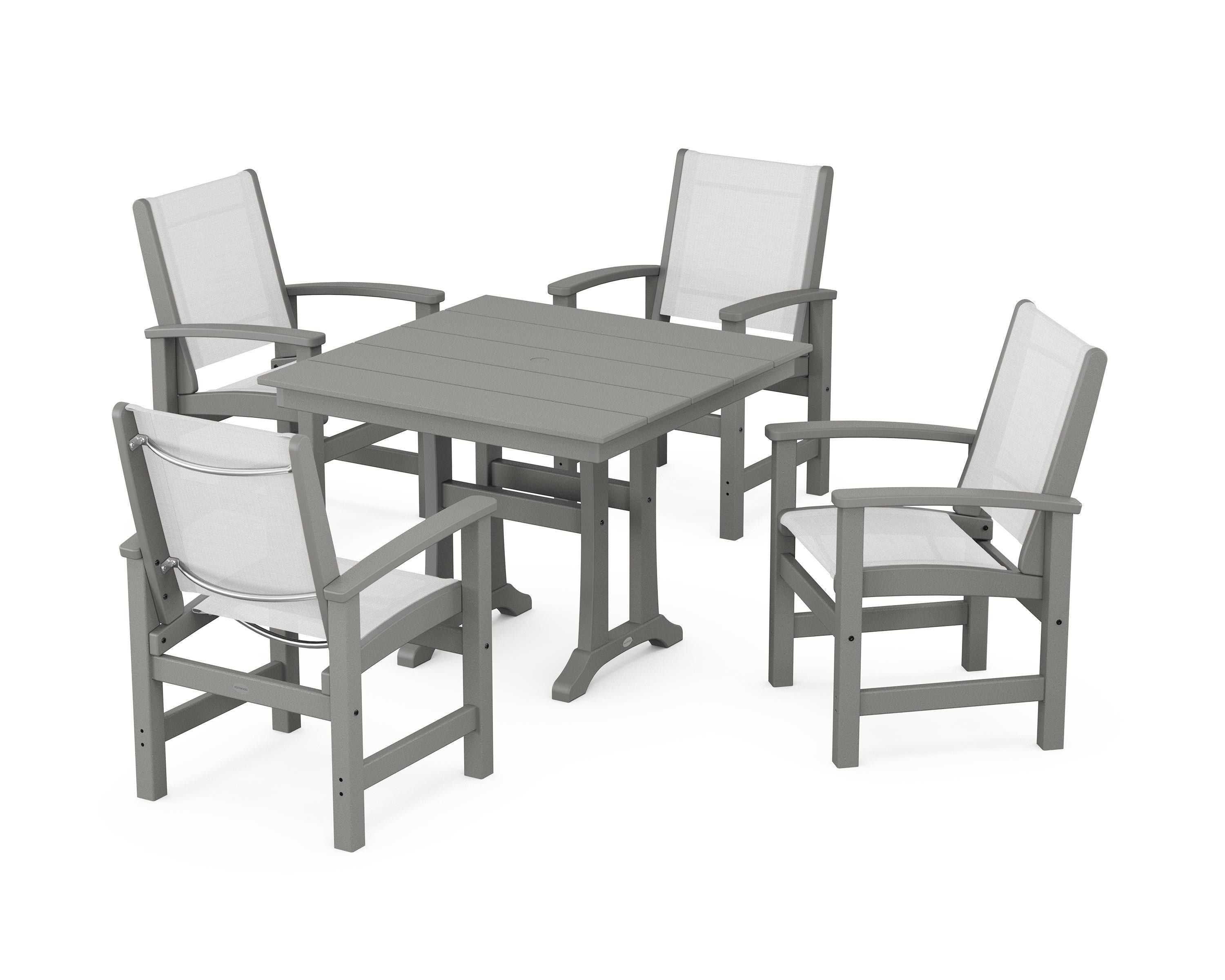 POLYWOOD Coastal 5-Piece Farmhouse Dining Set With Trestle Legs in Slate Grey / White Sling