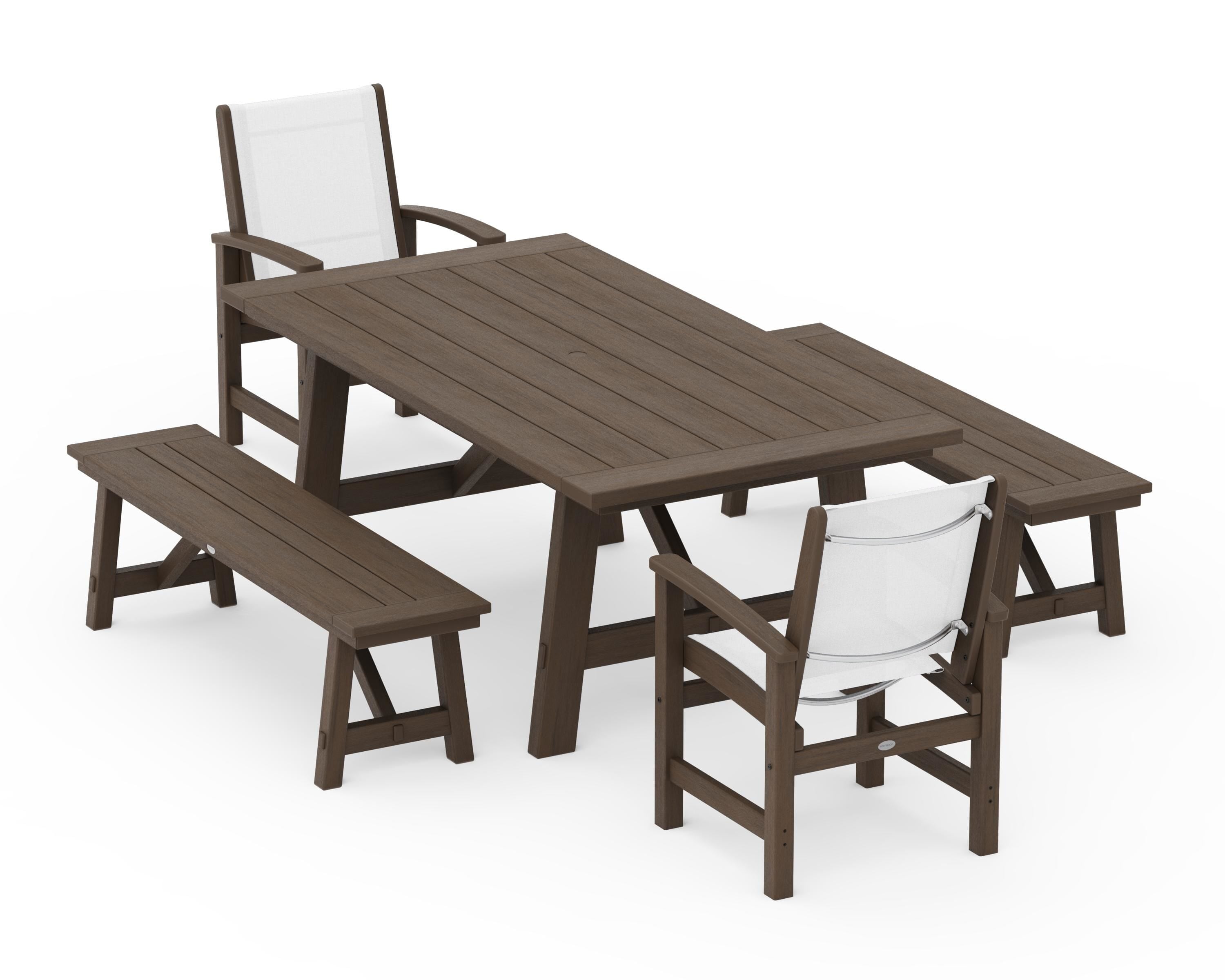 POLYWOOD Coastal 5-Piece Rustic Farmhouse Dining Set With Benches in Kona / White Sling