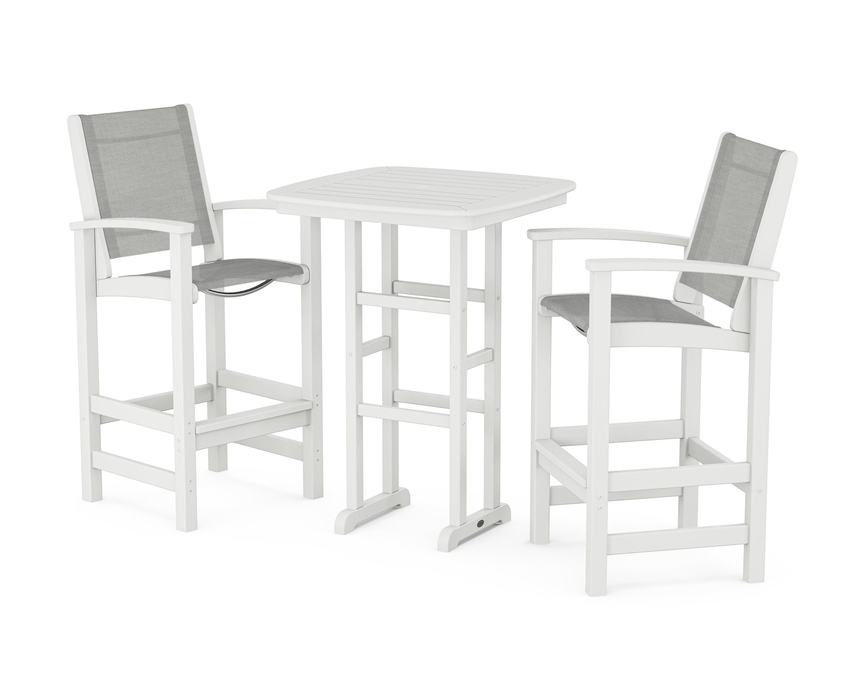POLYWOOD Coastal 3-Piece Bar Set in White / Metallic Sling