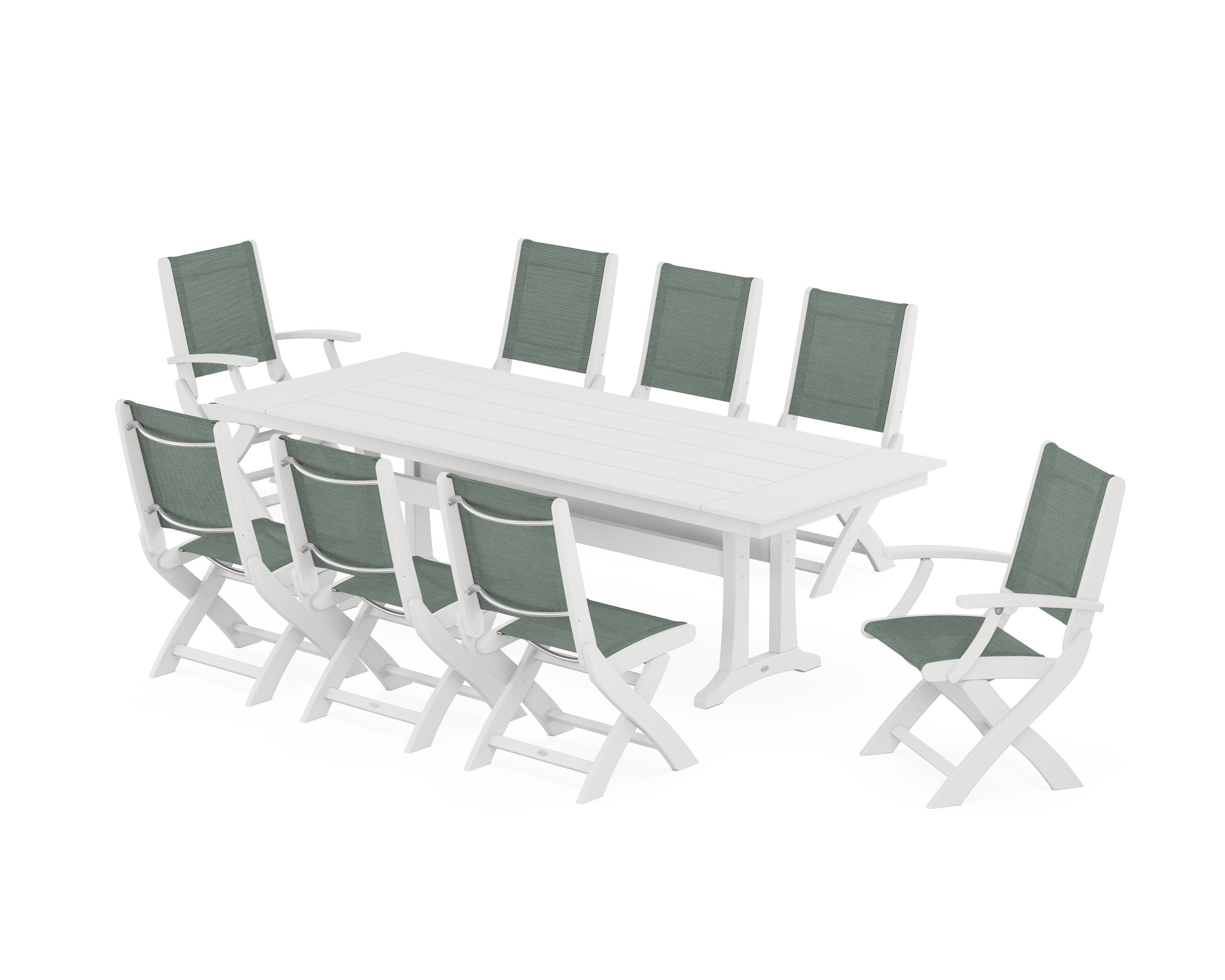 POLYWOOD Coastal 9-Piece Folding Dining Chair Farmhouse Dining Set with Trestle Legs in White / Dupioni Sea Mist Sling