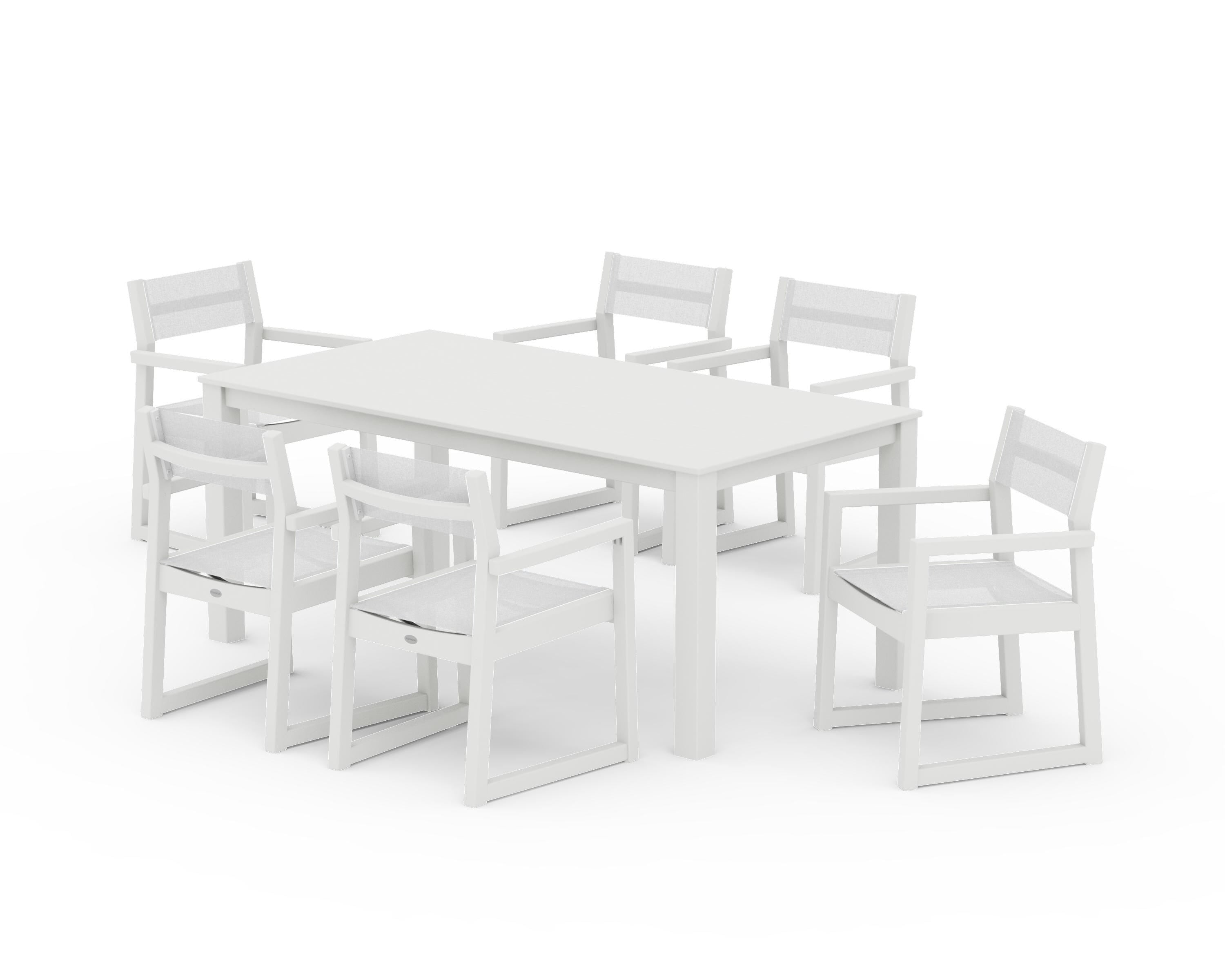 POLYWOOD EDGE Sling Arm Chair 7-Piece Parsons Dining Set in Vintage White / White Sling