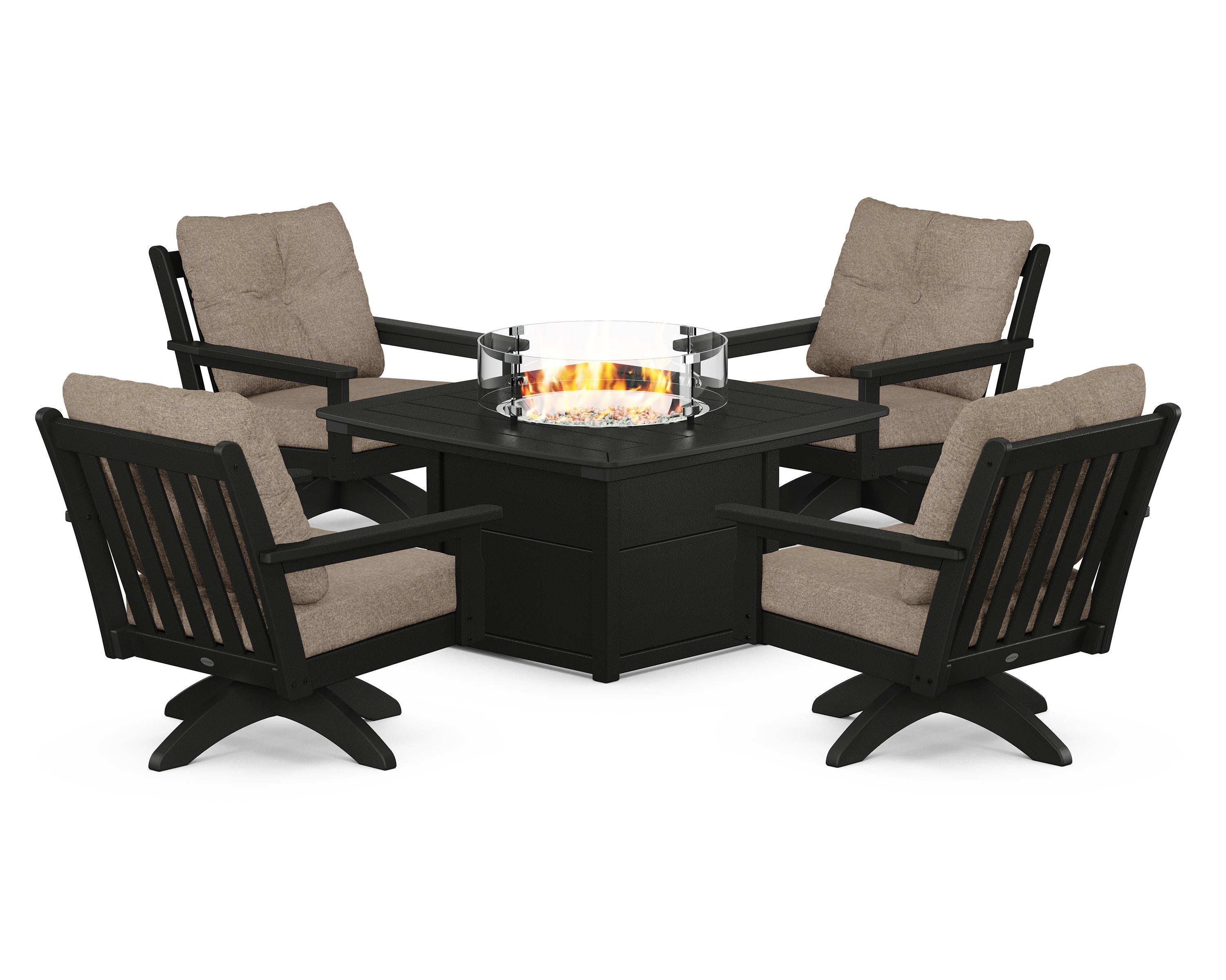POLYWOOD Vineyard 5-Piece Deep Seating Swivel Conversation Set with Fire Pit Table in Black / Spiced Burlap