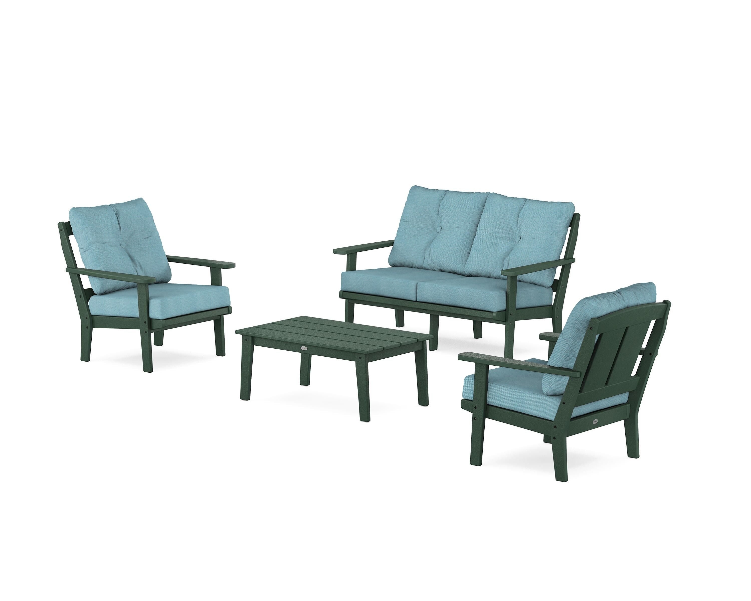 POLYWOOD Mission 4-Piece Deep Seating Set with Loveseat in Green / Lattice Sky Blue