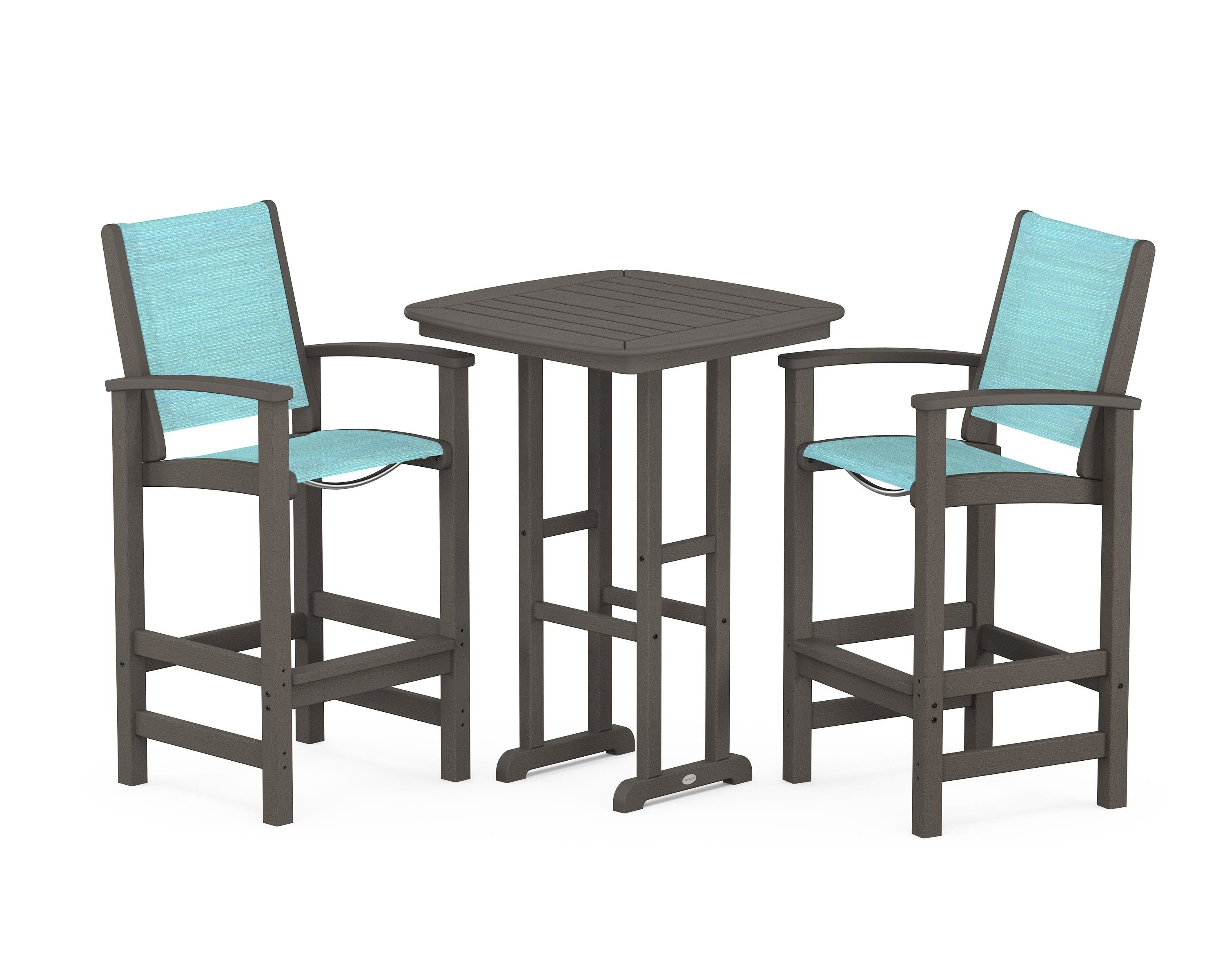 POLYWOOD Coastal 3-Piece Bar Set in Vintage Coffee / Dupioni Aquamarine Sling