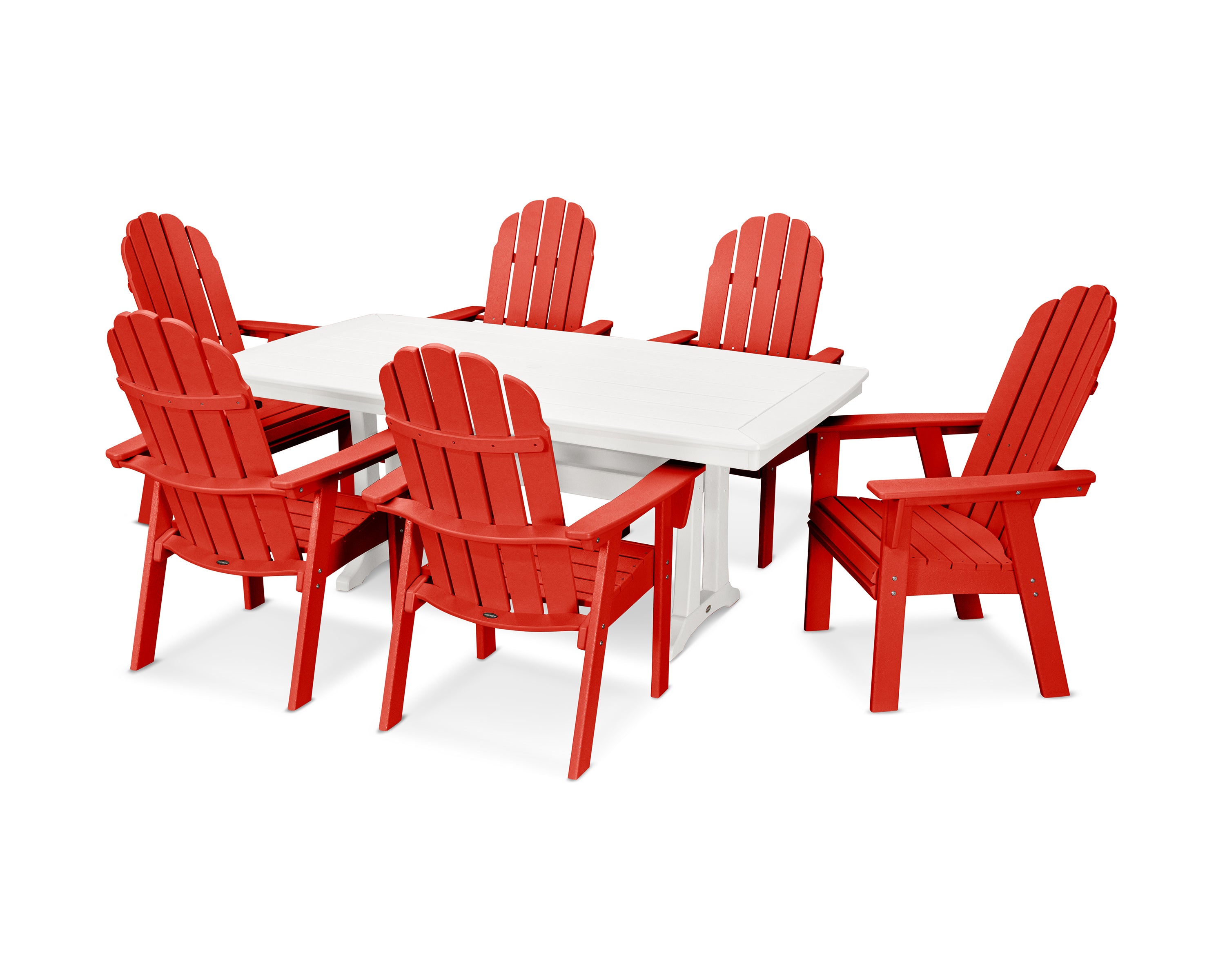 POLYWOOD® Vineyard Curveback Adirondack 7-Piece Dining Set with Trestle Legs in Sunset Red / White