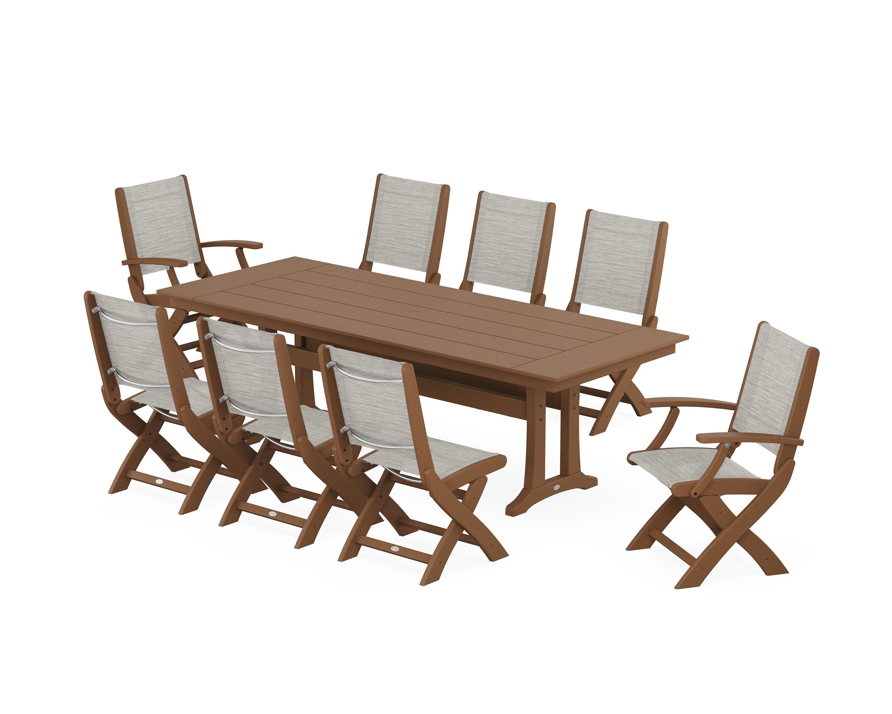 POLYWOOD Coastal 9-Piece Folding Dining Chair Farmhouse Dining Set with Trestle Legs in Teak / Birch Sling