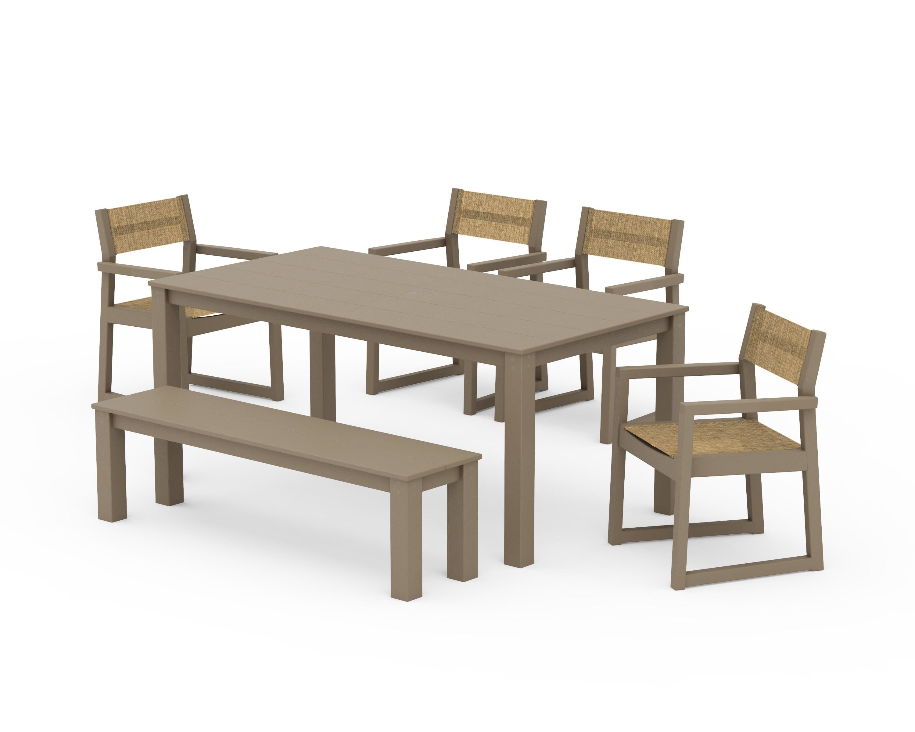 POLYWOOD EDGE Sling Arm Chair 6-Piece Parsons Dining Set with Bench in Vintage Sahara / Burlap Sling