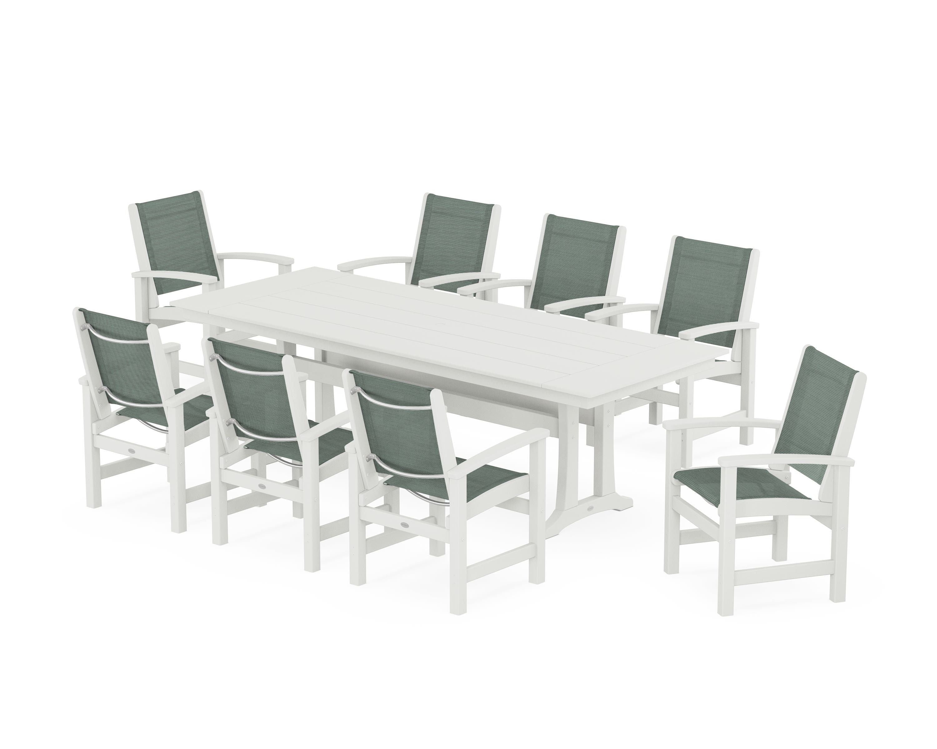 POLYWOOD Coastal 9-Piece Farmhouse Dining Set with Trestle Legs in Vintage White / Dupioni Sea Mist Sling
