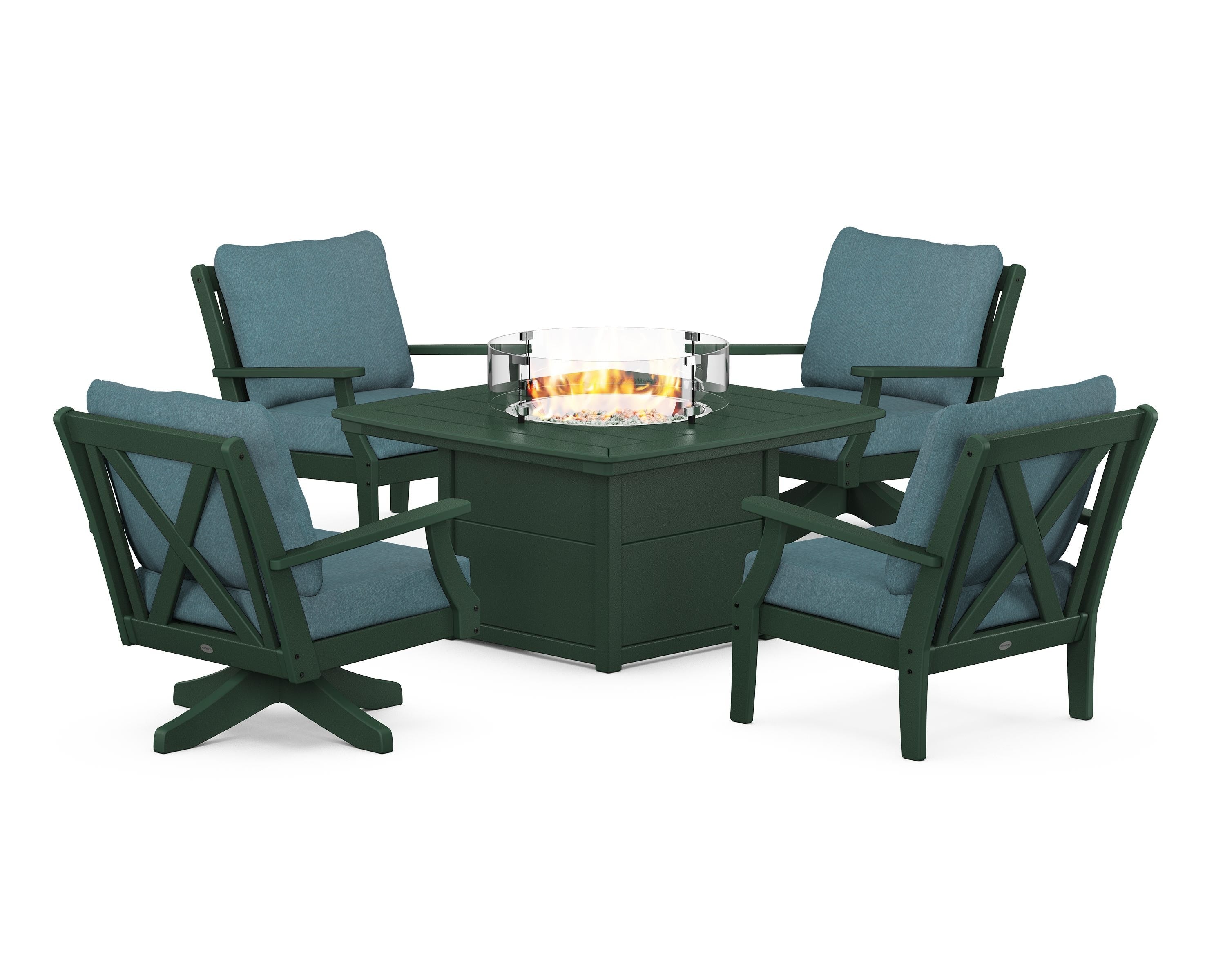 POLYWOOD Braxton 5-Piece Deep Seating Set with Fire Table in Green / Ocean Teal