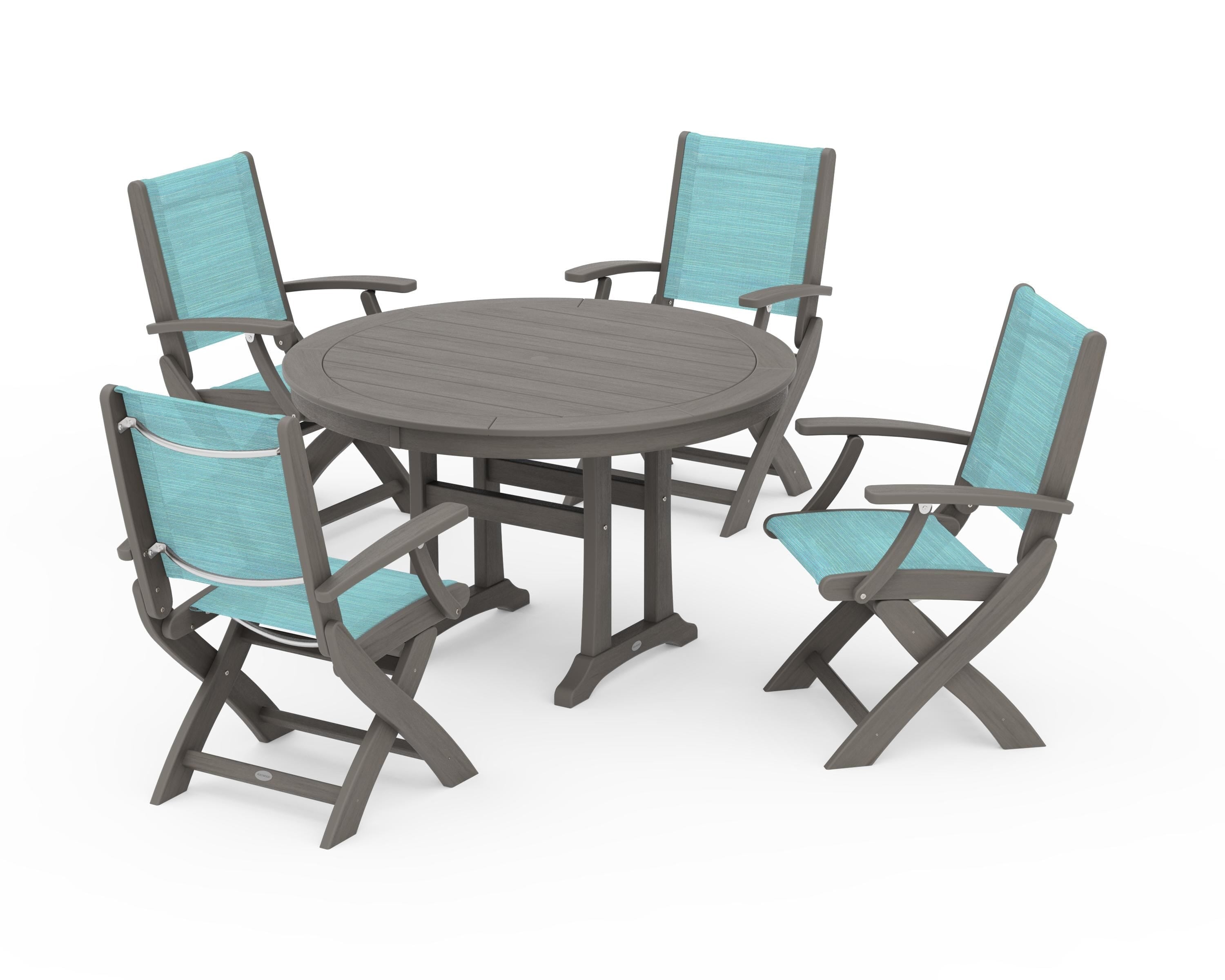 POLYWOOD Coastal Folding Chair 5-Piece Round Dining Set with Trestle Legs in Driftwood / Dupioni Aquamarine Sling