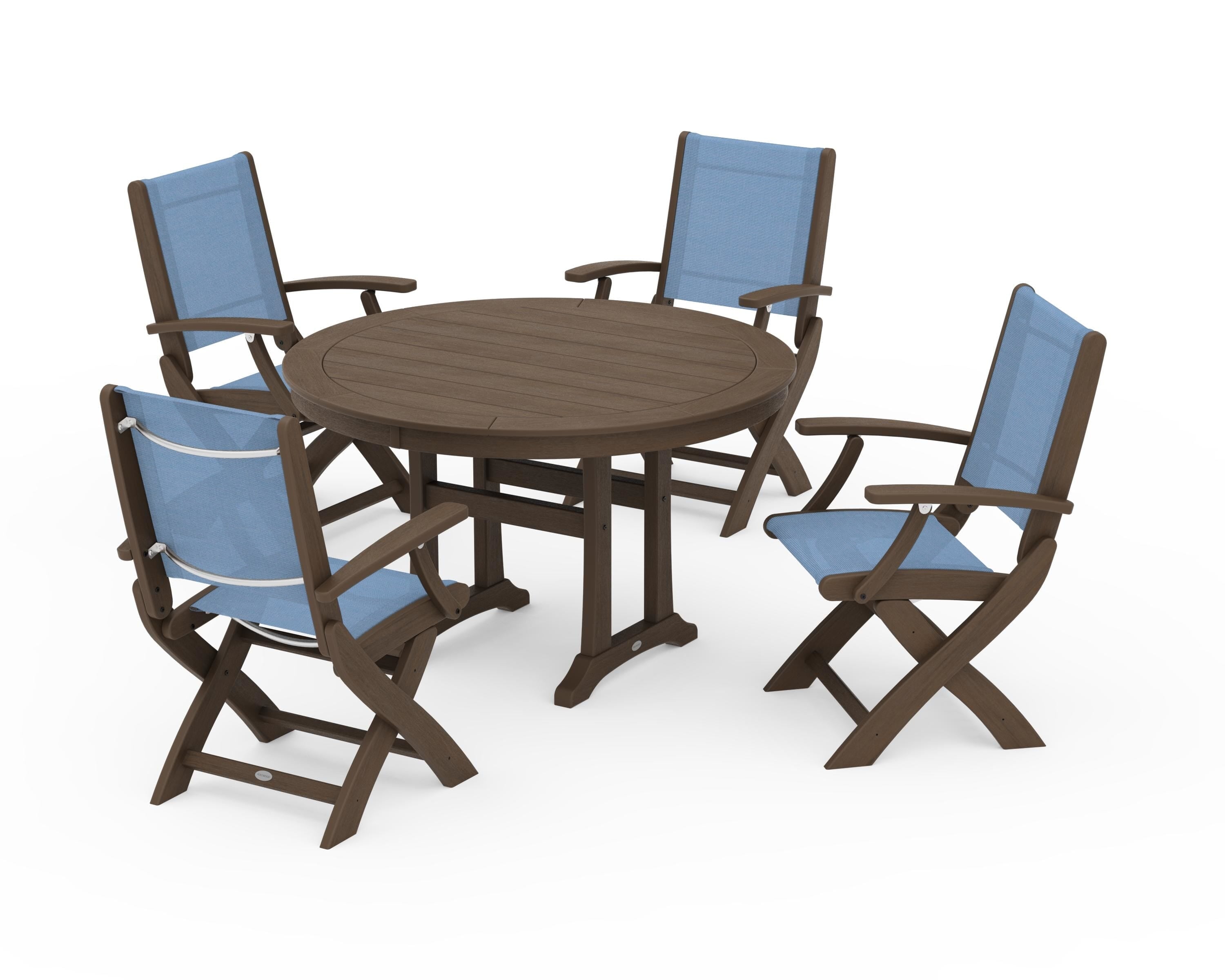 POLYWOOD Coastal Folding Chair 5-Piece Round Dining Set with Trestle Legs in Kona / Poolside Sling