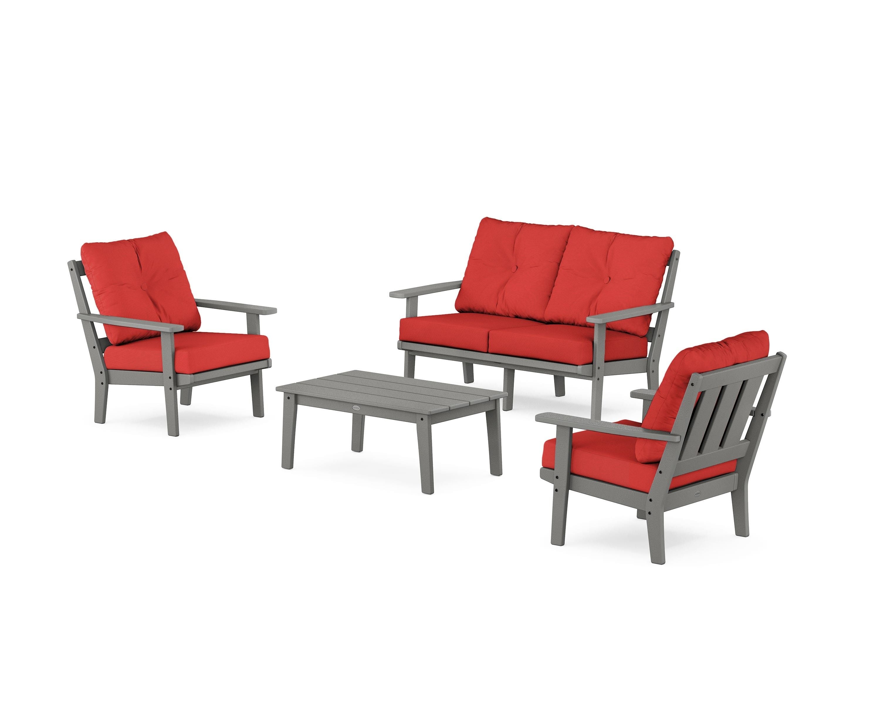 POLYWOOD Oxford 4-Piece Deep Seating Set with Loveseat in Slate Grey / Crimson Linen