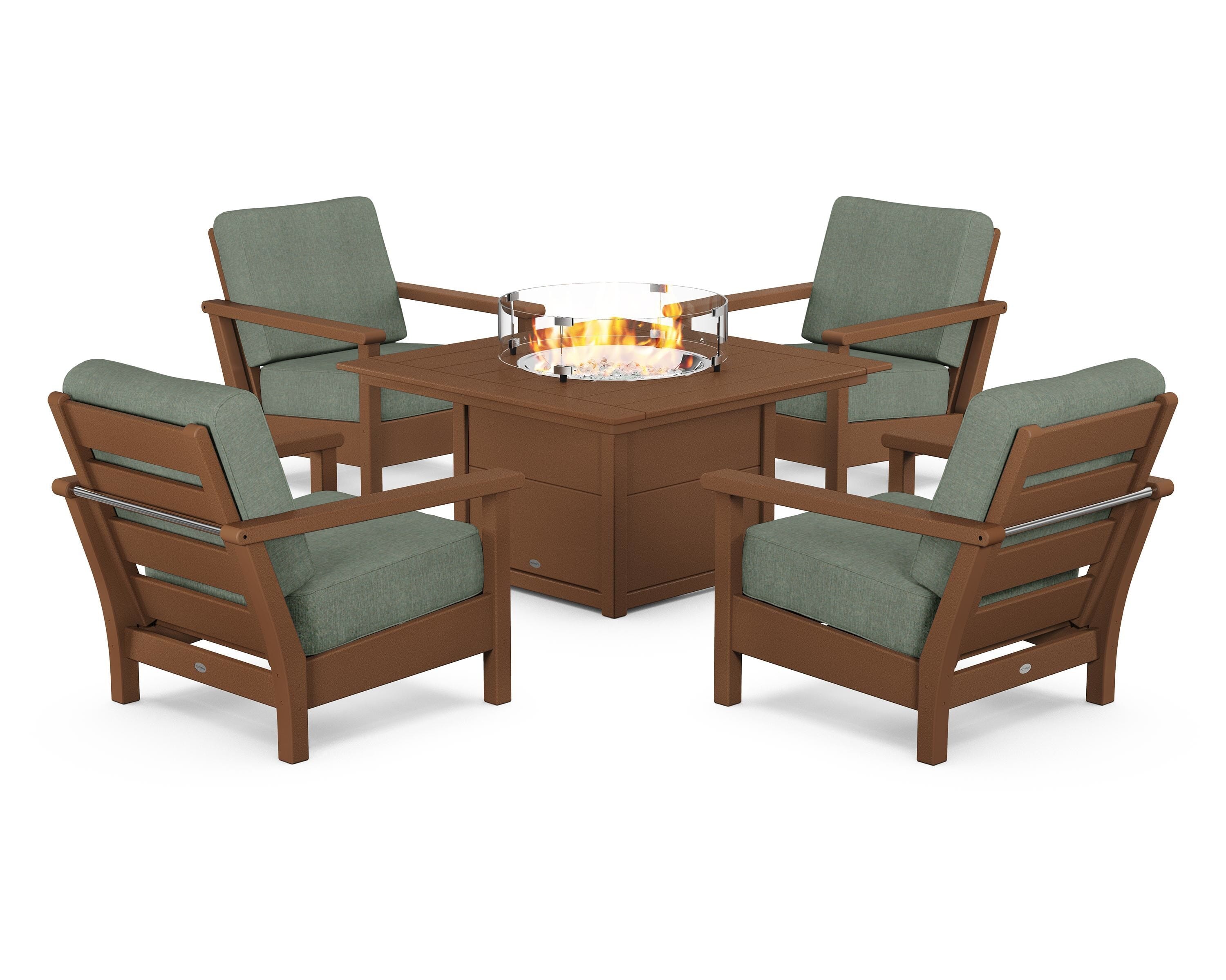 POLYWOOD Harbour 5-Piece Conversation Set with Fire Pit Table in Teak / Cast Sage