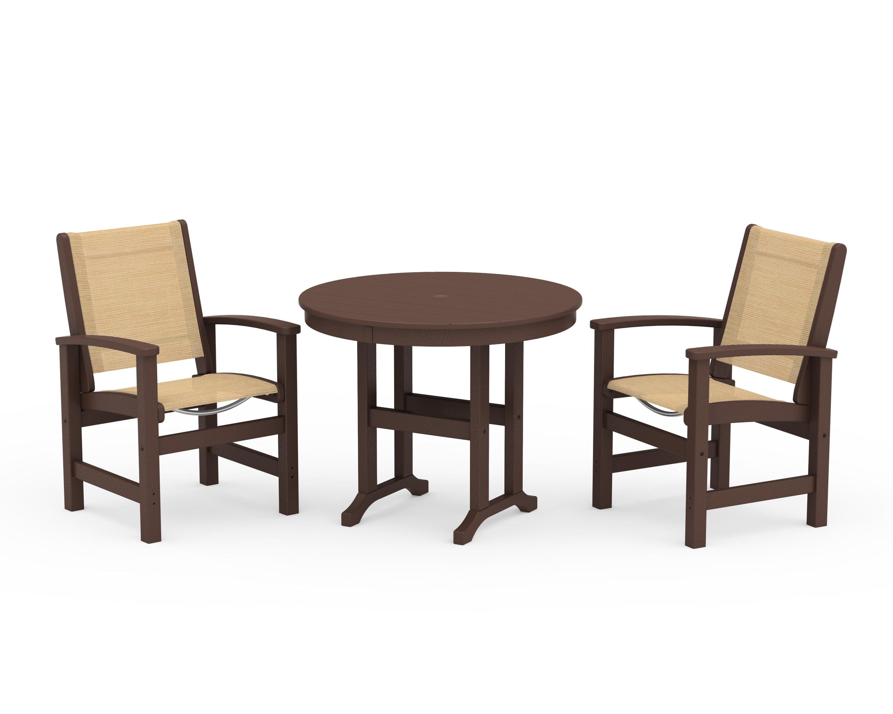 POLYWOOD Coastal 3-Piece Round Dining Set in Mahogany / Dupioni Apricot Sling
