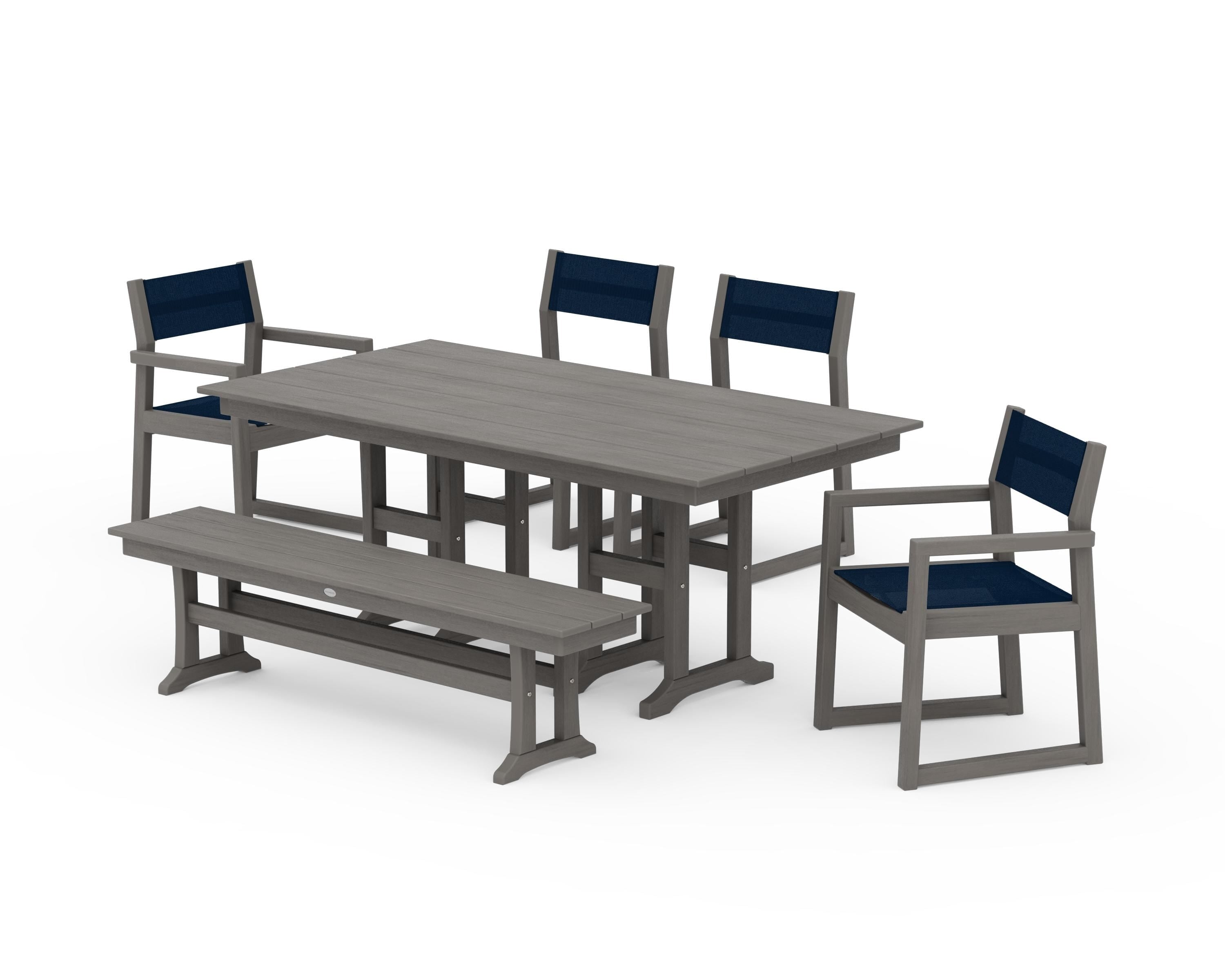 POLYWOOD EDGE Sling 6-Piece Farmhouse Dining Set in Driftwood / Navy Blue Sling