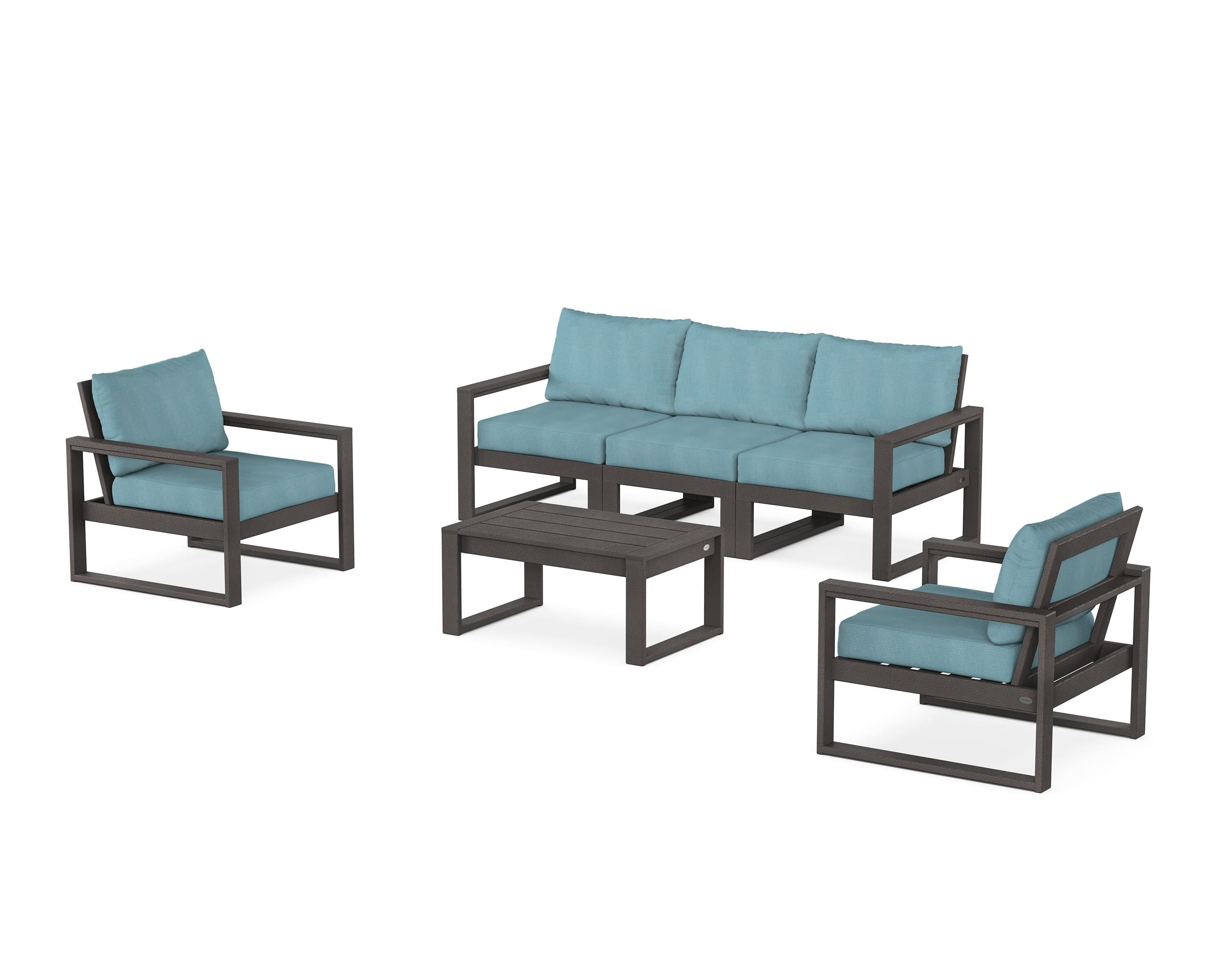 POLYWOOD EDGE Sectional 4-Piece Deep Seating Set with Sofa in Vintage Coffee / Lattice Sky Blue