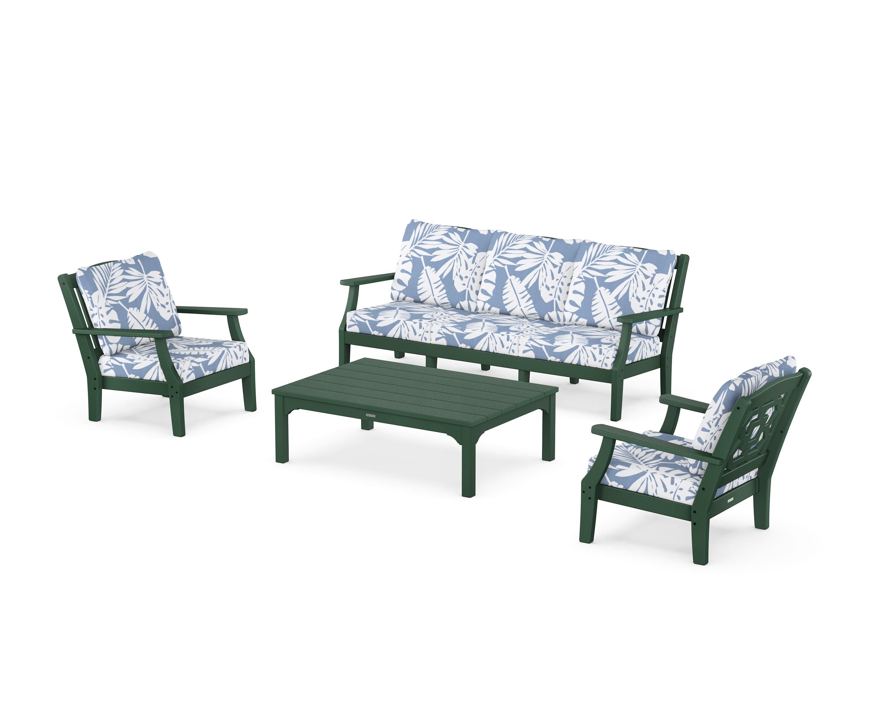 Martha Stewart by POLYWOOD Chinoiserie 4-Piece Deep Seating Set with Sofa in Green / Leaf Sky Blue