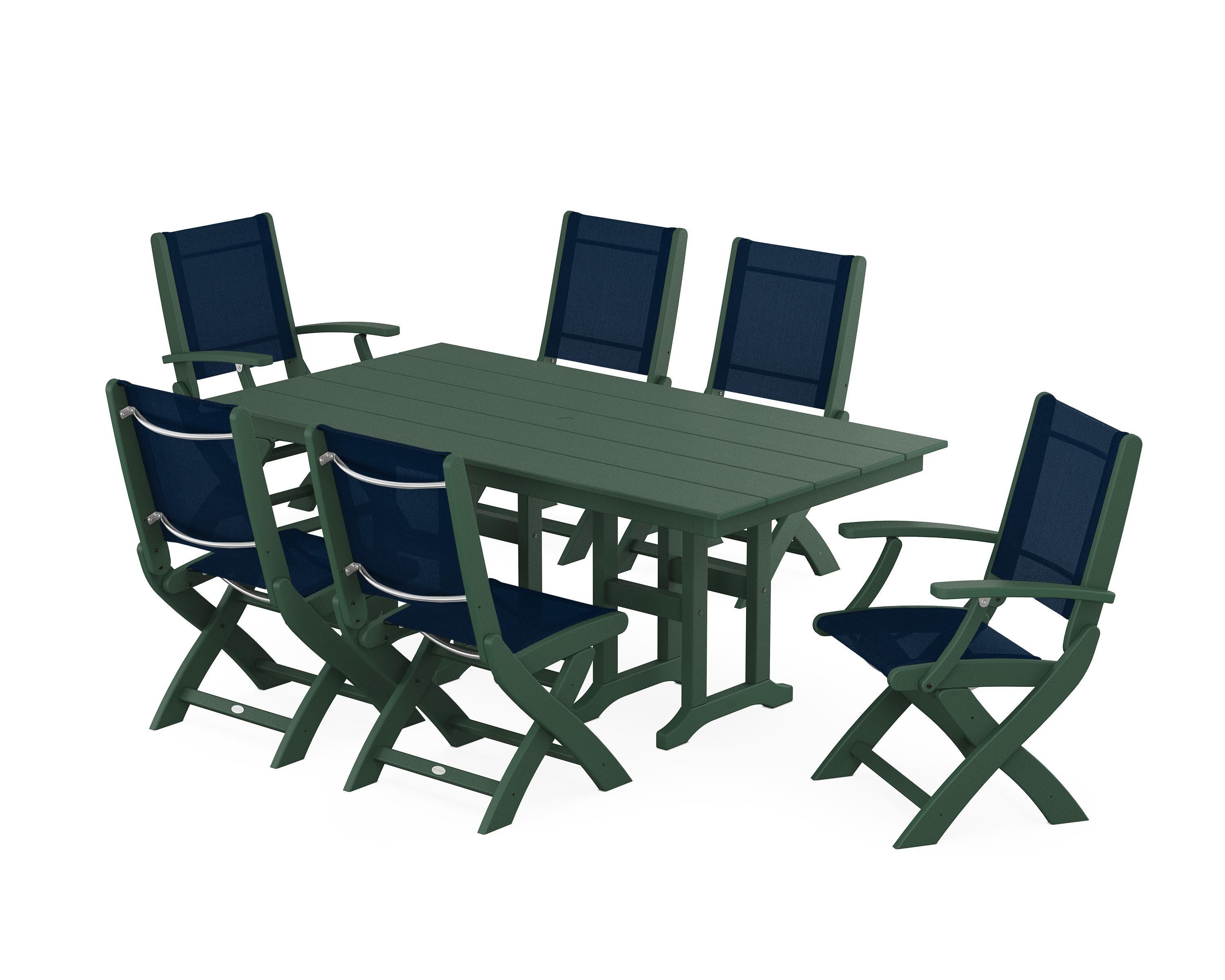 POLYWOOD Coastal Folding Chair 7-Piece Farmhouse Dining Set in Green / Navy Blue Sling
