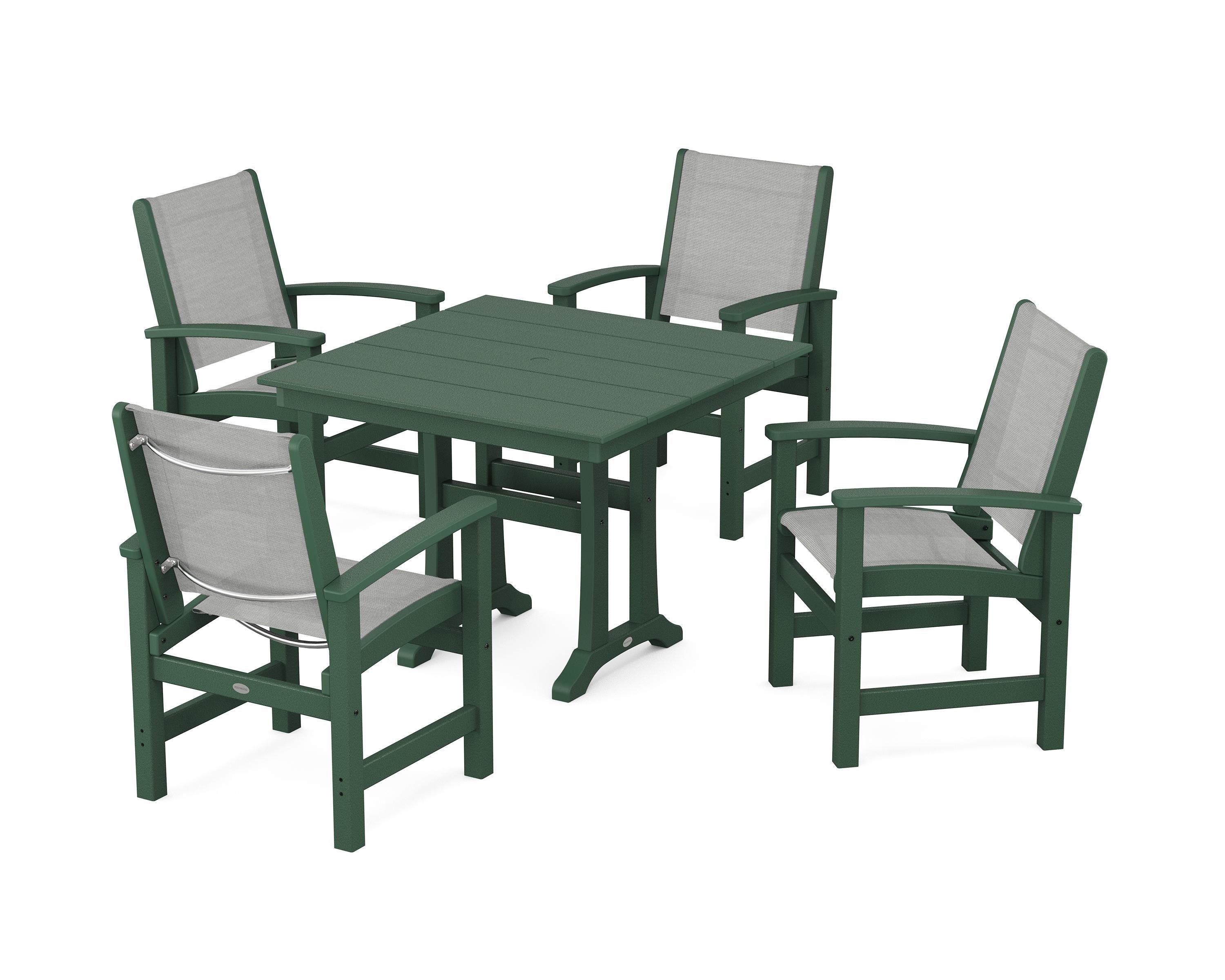POLYWOOD Coastal 5-Piece Farmhouse Dining Set With Trestle Legs in Green / Metallic Sling