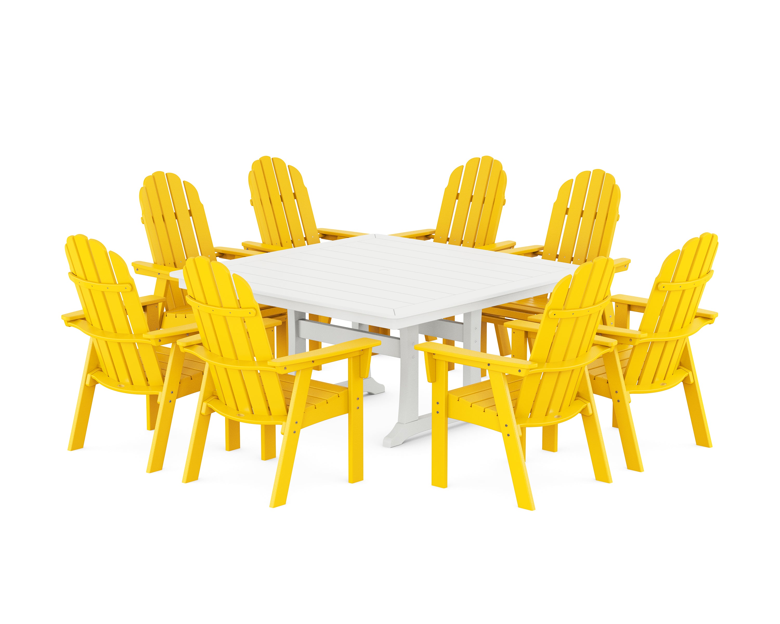 POLYWOOD® Vineyard Curveback Adirondack 9-Piece Nautical Trestle Dining Set in Lemon / White