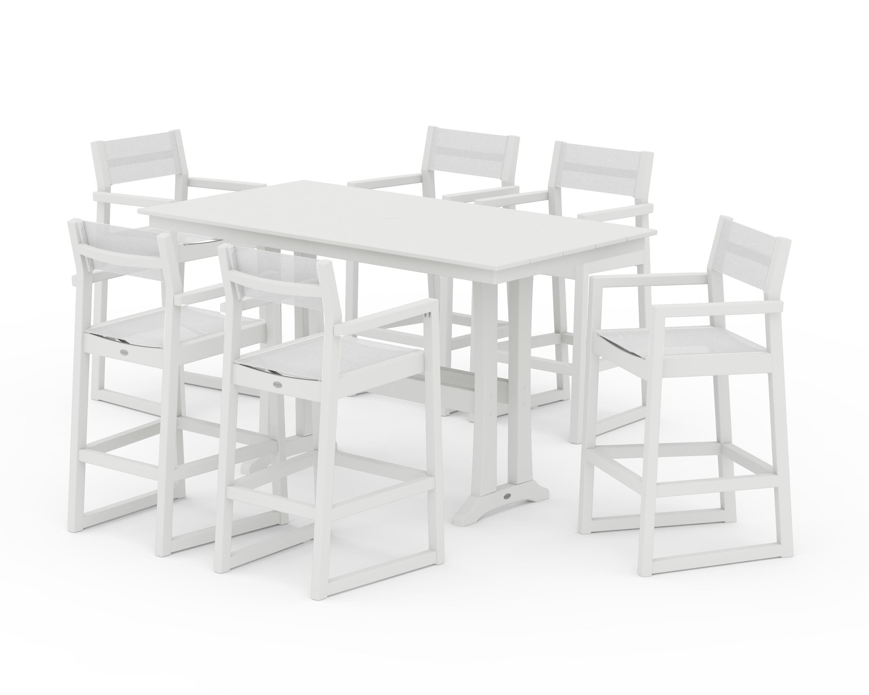 POLYWOOD EDGE Sling Arm Chair 7-Piece Farmhouse Bar Set with Trestle Legs in Vintage White / White Sling