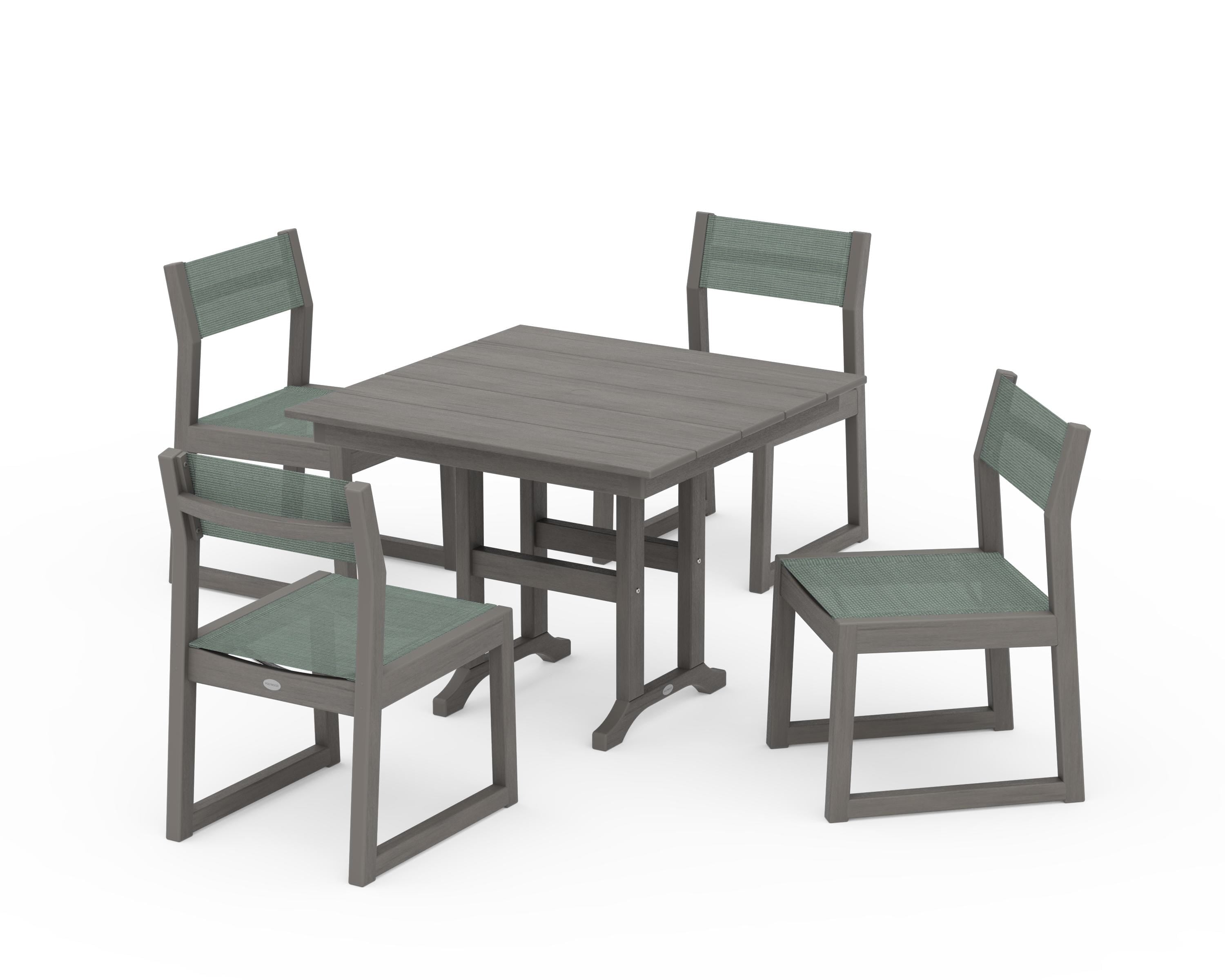 POLYWOOD EDGE Sling Side Chair 5-Piece Farmhouse Dining Set in Driftwood / Dupioni Sea Mist Sling