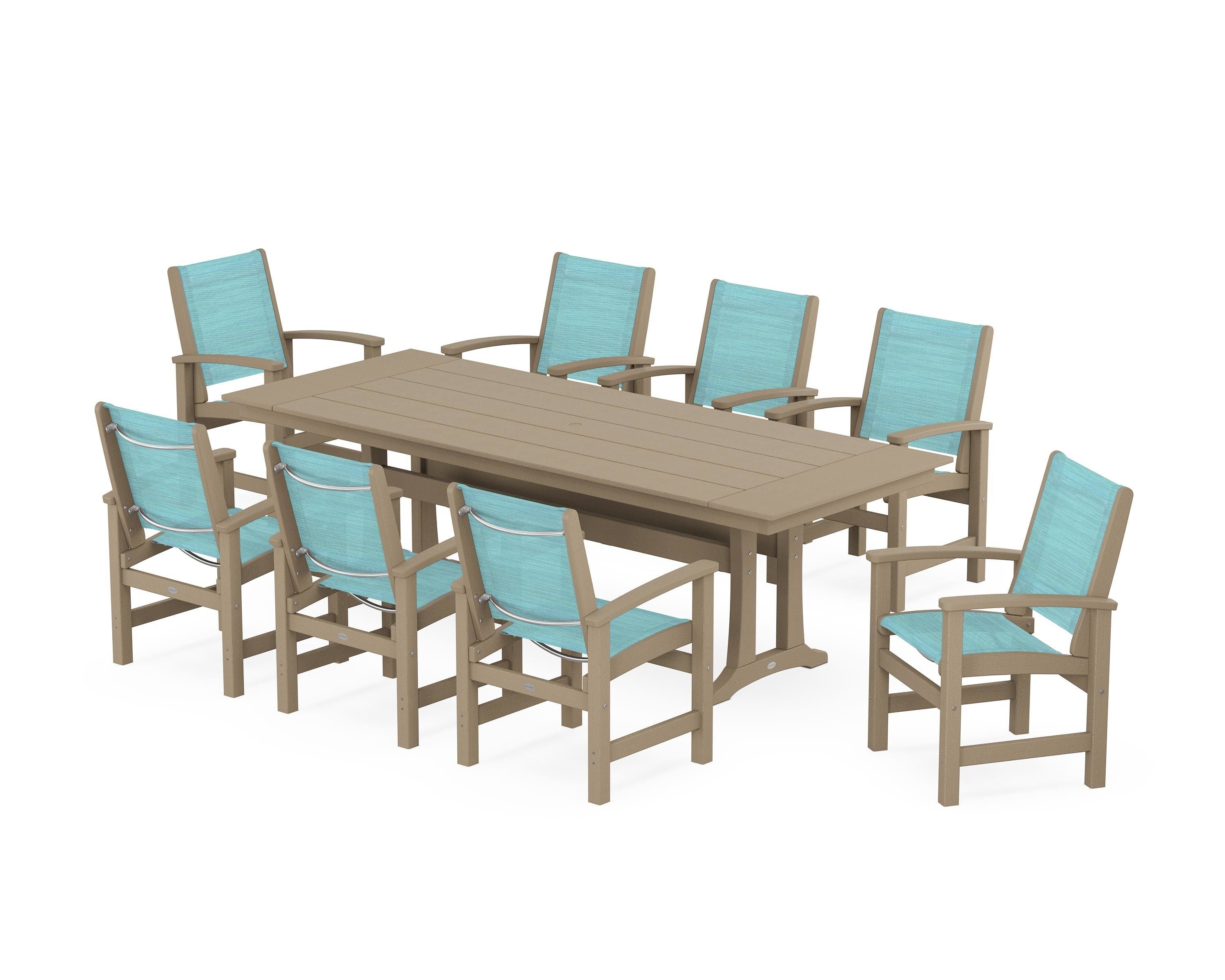 POLYWOOD Coastal 9-Piece Farmhouse Dining Set with Trestle Legs in Vintage Sahara / Dupioni Aquamarine Sling