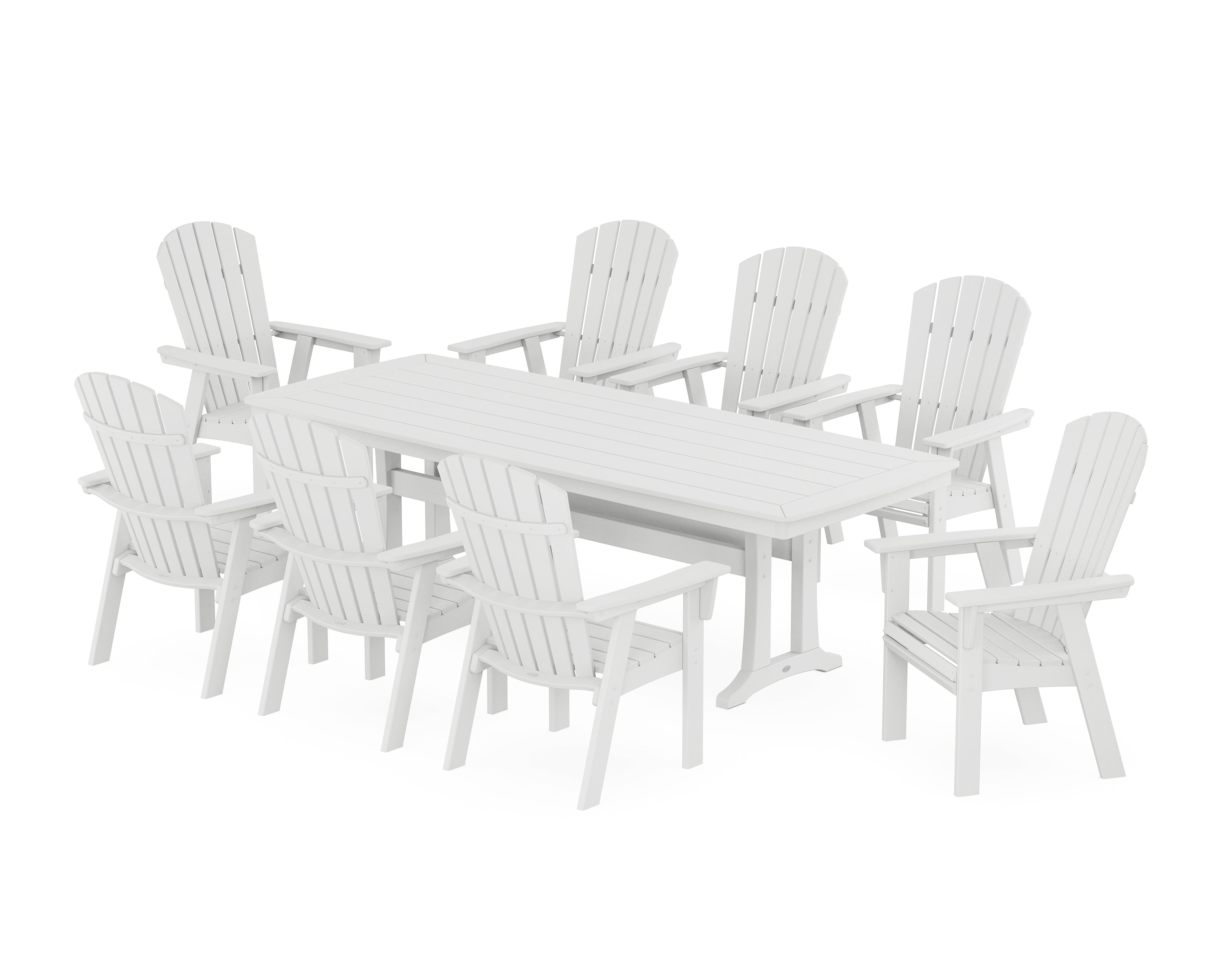 POLYWOOD® Nautical Curveback Adirondack 9-Piece Dining Set with Trestle Legs in White