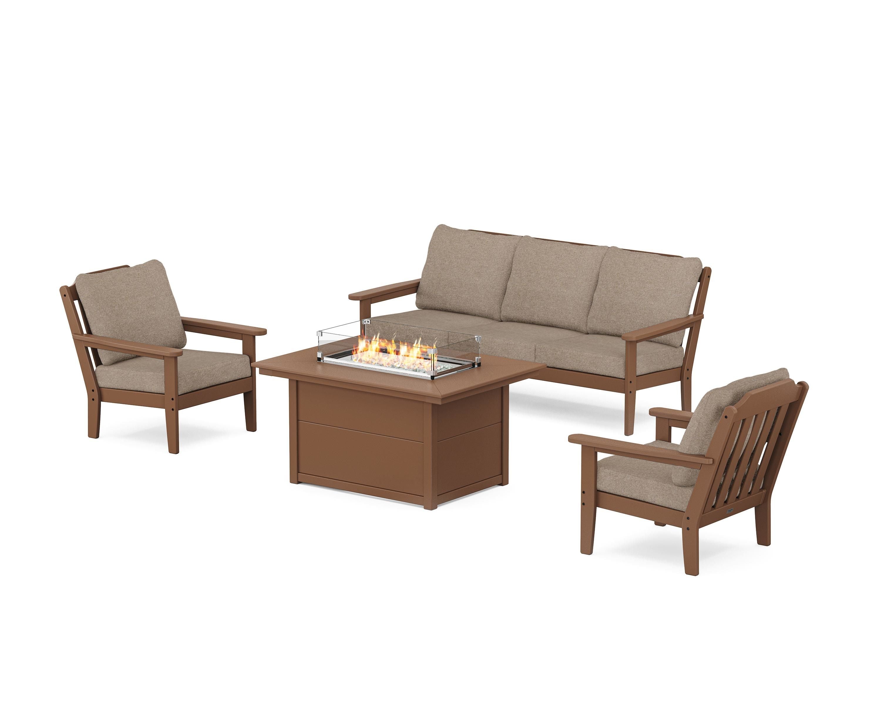 Country Living Cottage Deep Seating Fire Pit Table Set in Teak / Spiced Burlap