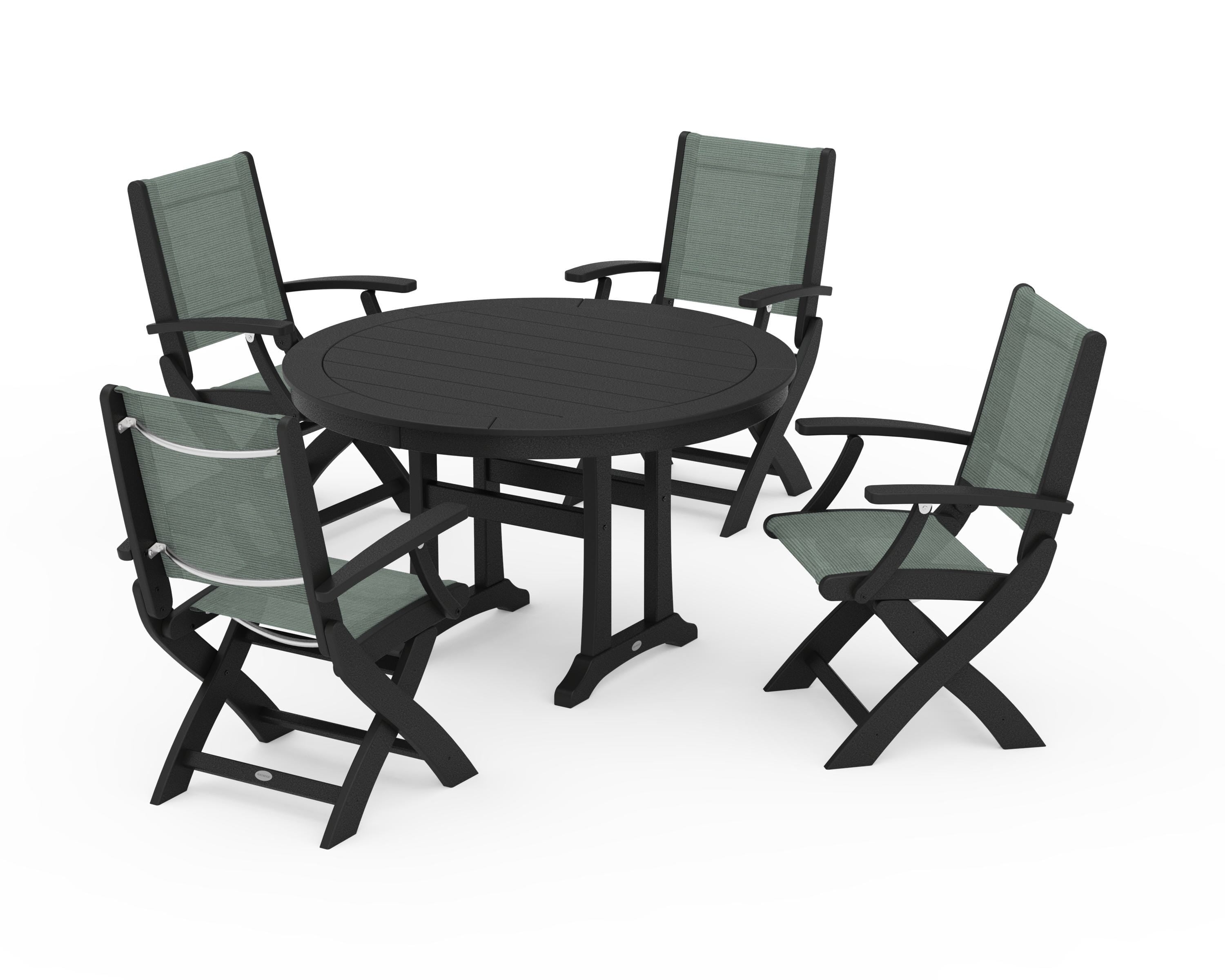POLYWOOD Coastal Folding Chair 5-Piece Round Dining Set with Trestle Legs in Black / Dupioni Sea Mist Sling