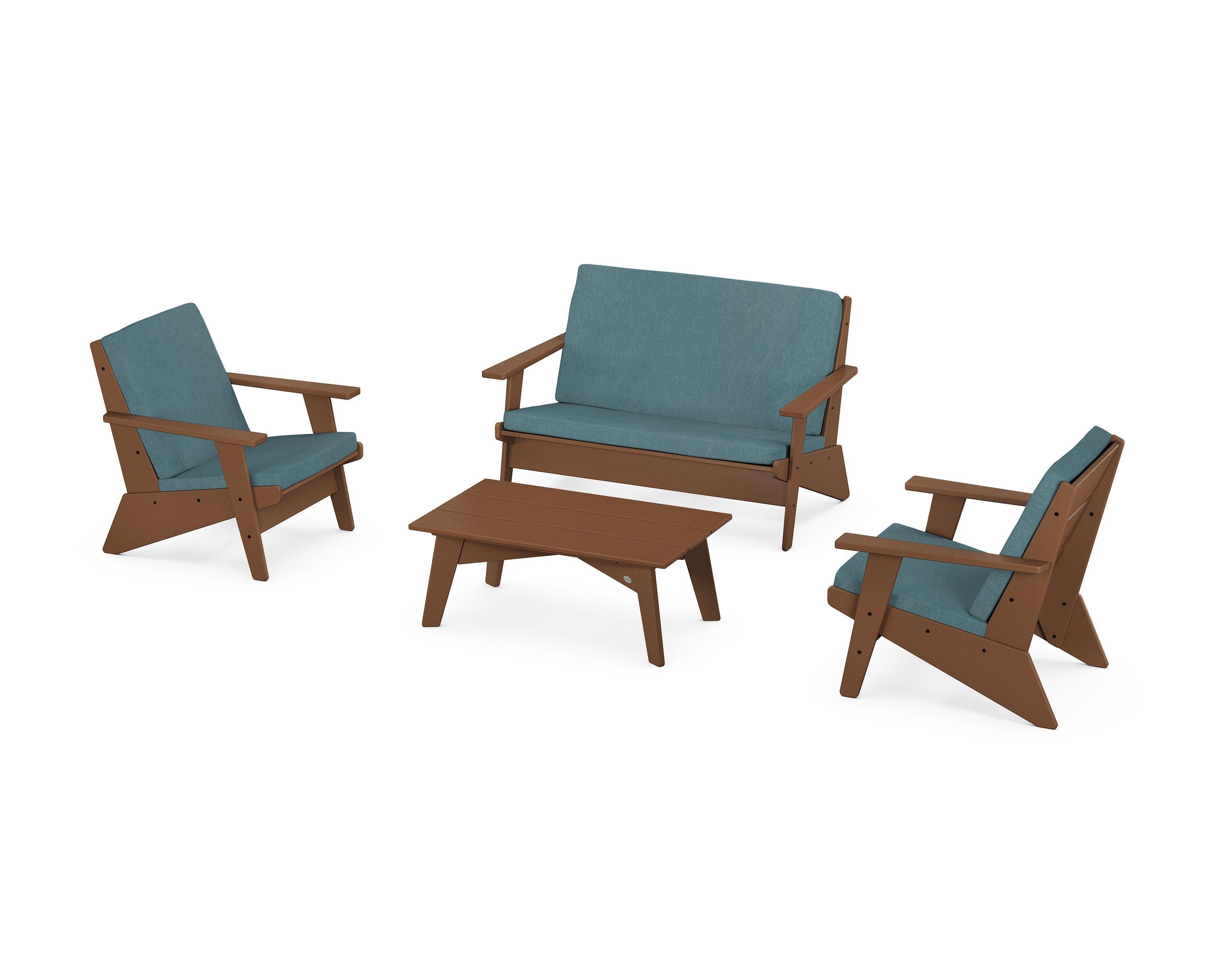 POLYWOOD Riviera Modern Lounge 4-Piece Set in Teak / Ocean Teal