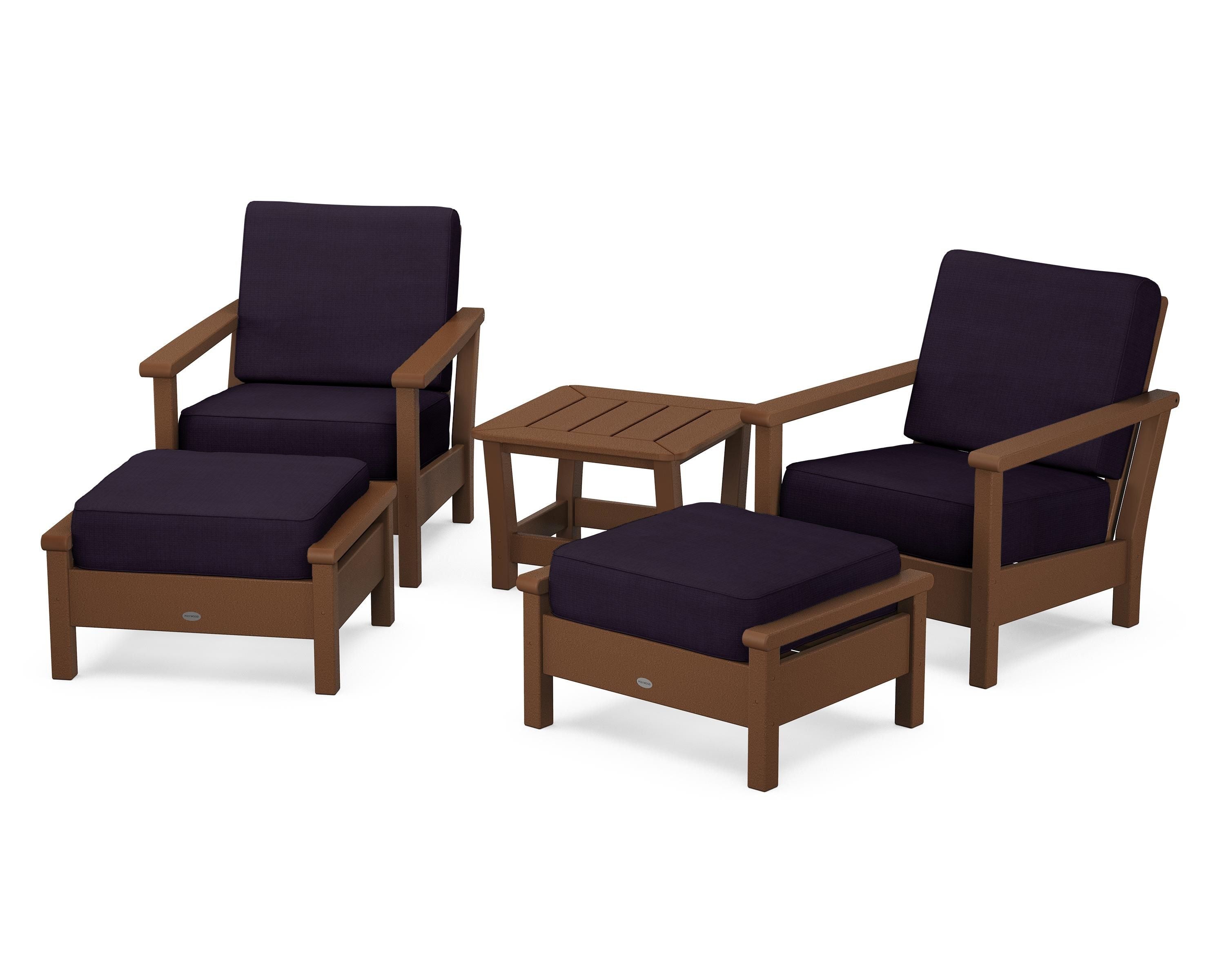 POLYWOOD Harbour 5-Piece Deep Seating Chair Set in Teak / Navy Linen