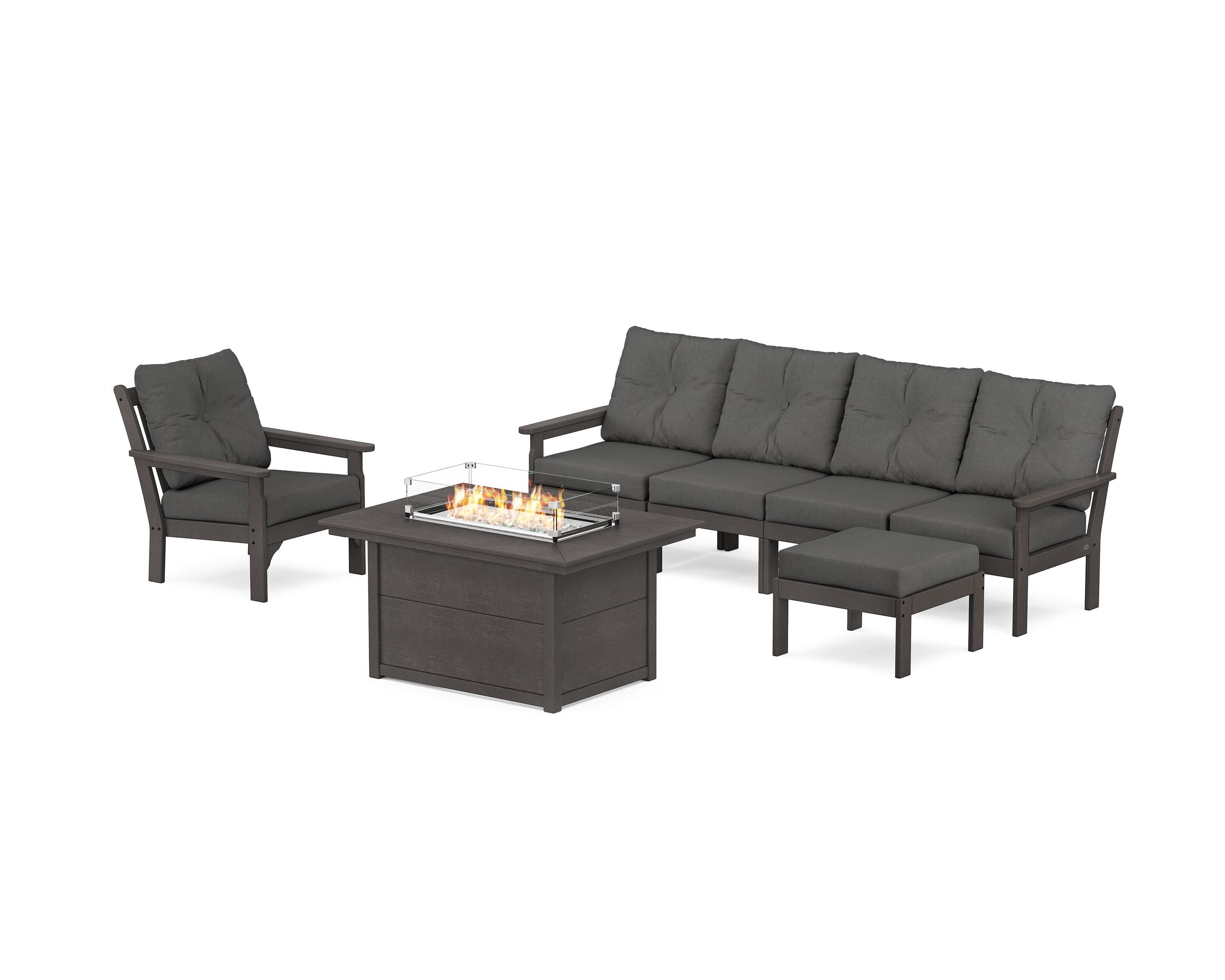 POLYWOOD Vineyard Sectional Lounge and Fire Pit Set in Vintage Coffee / Spectrum Carbon