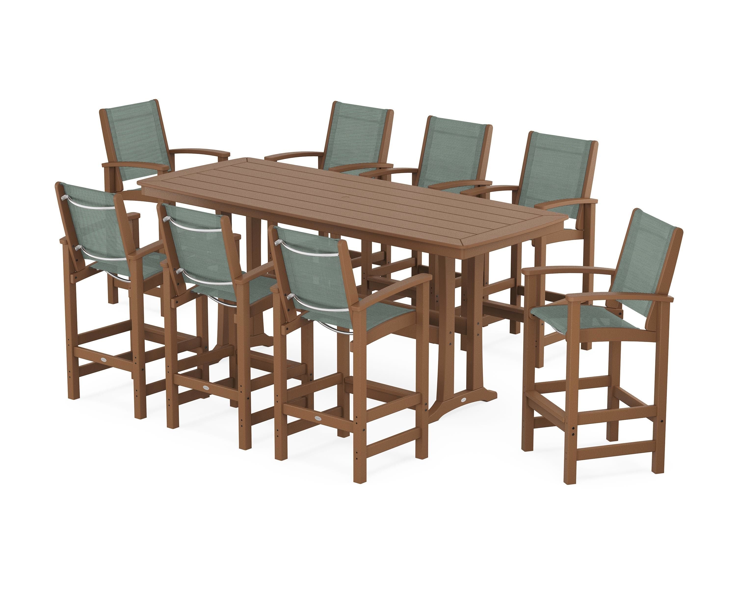 POLYWOOD Coastal 9-Piece Bar Set with Trestle Legs in Teak / Dupioni Sea Mist Sling