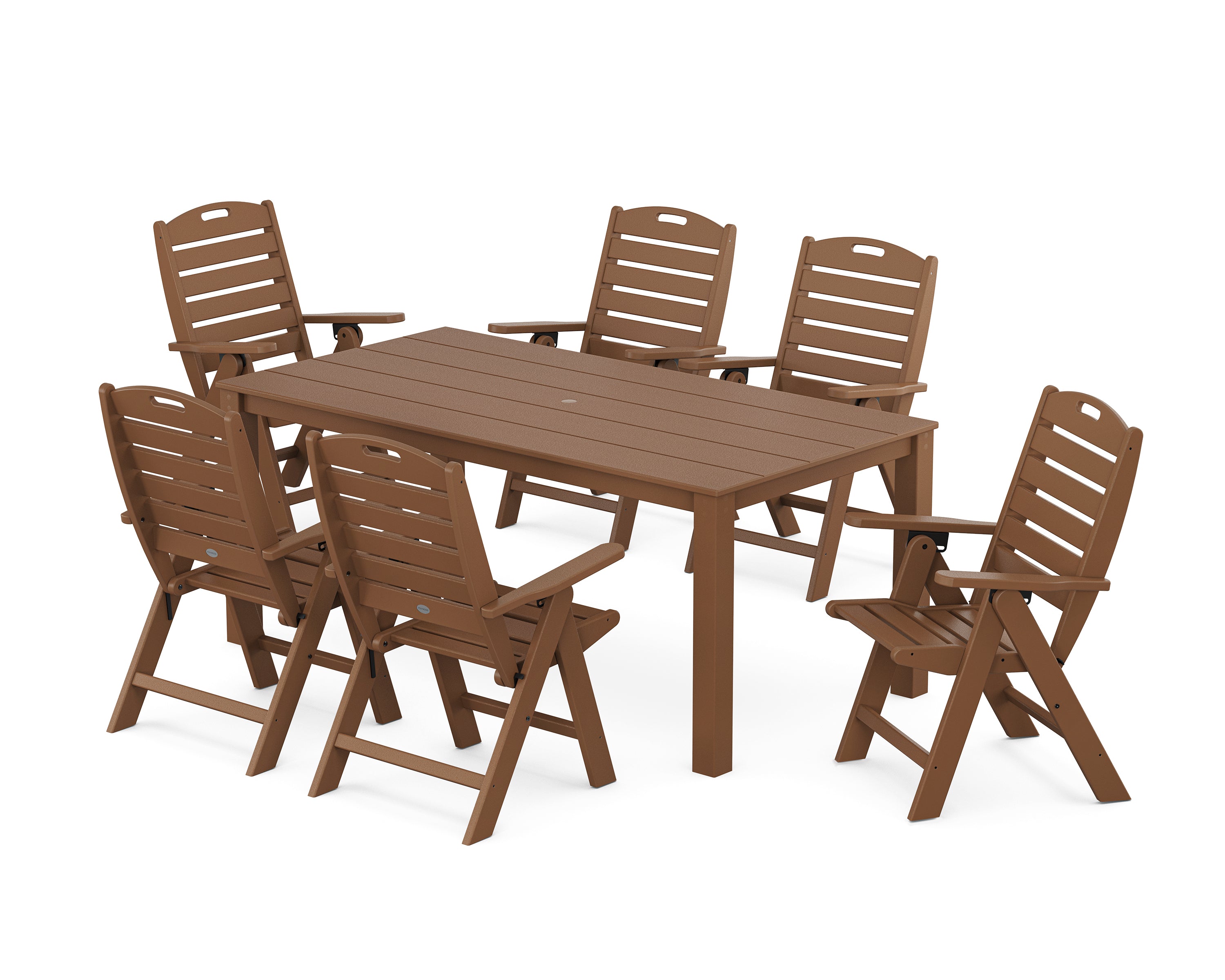 POLYWOOD® Nautical Folding Highback Chair 7-Piece Parsons Dining Set in Teak