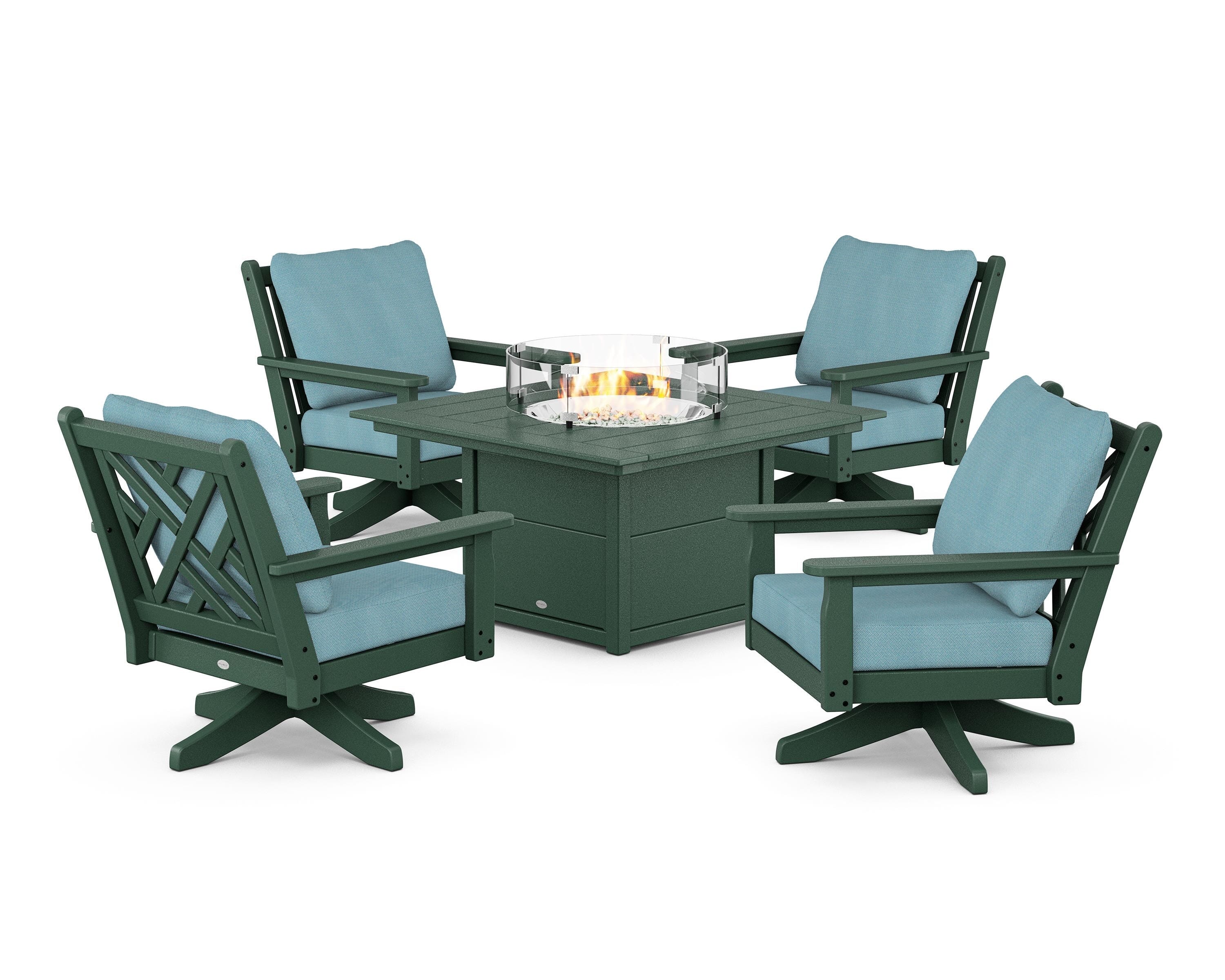 POLYWOOD Chippendale 5-Piece Deep Seating Swivel Conversation Set with Fire Pit Table in Green / Lattice Sky Blue