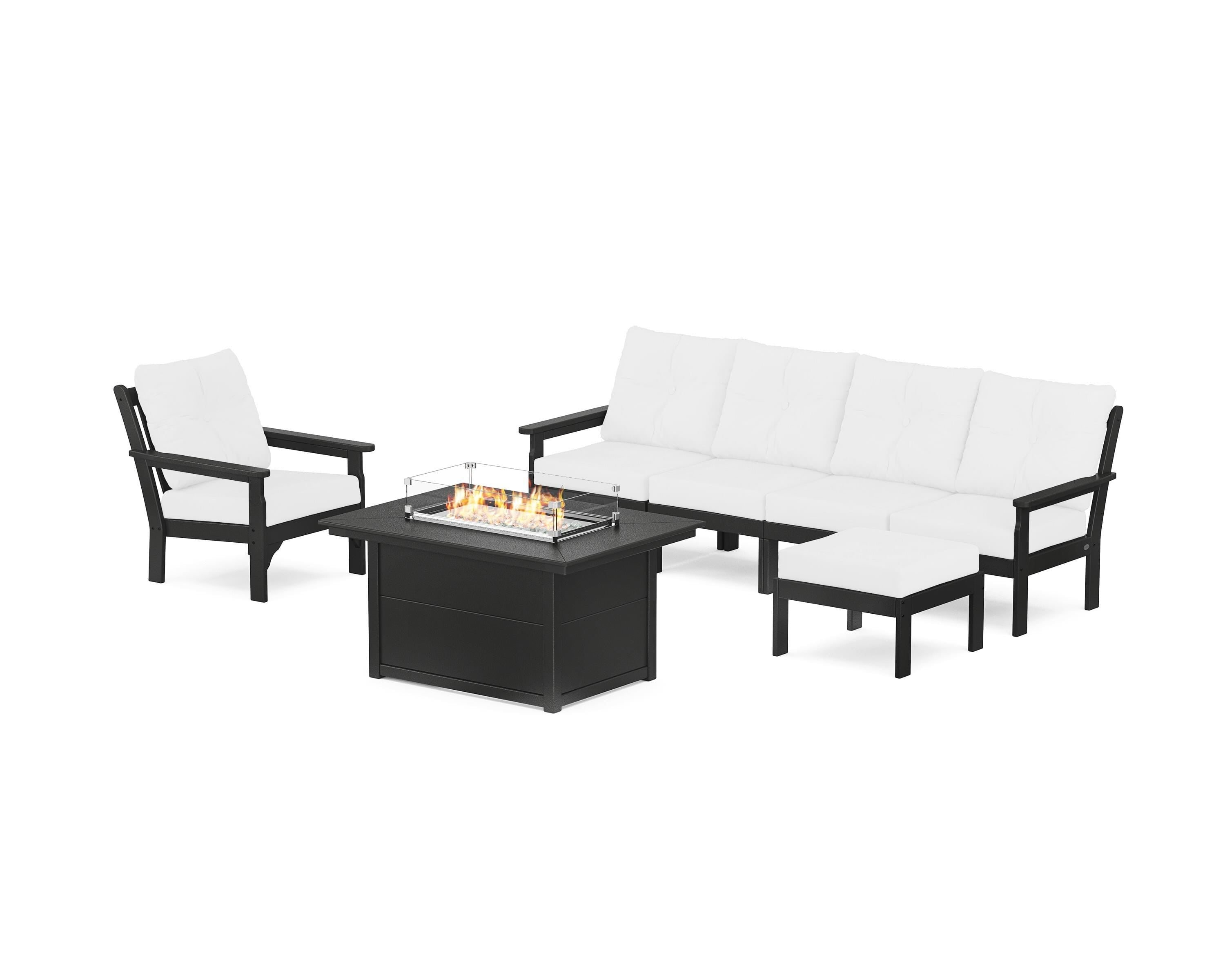 POLYWOOD Vineyard Sectional Lounge and Fire Pit Set in Black / Natural