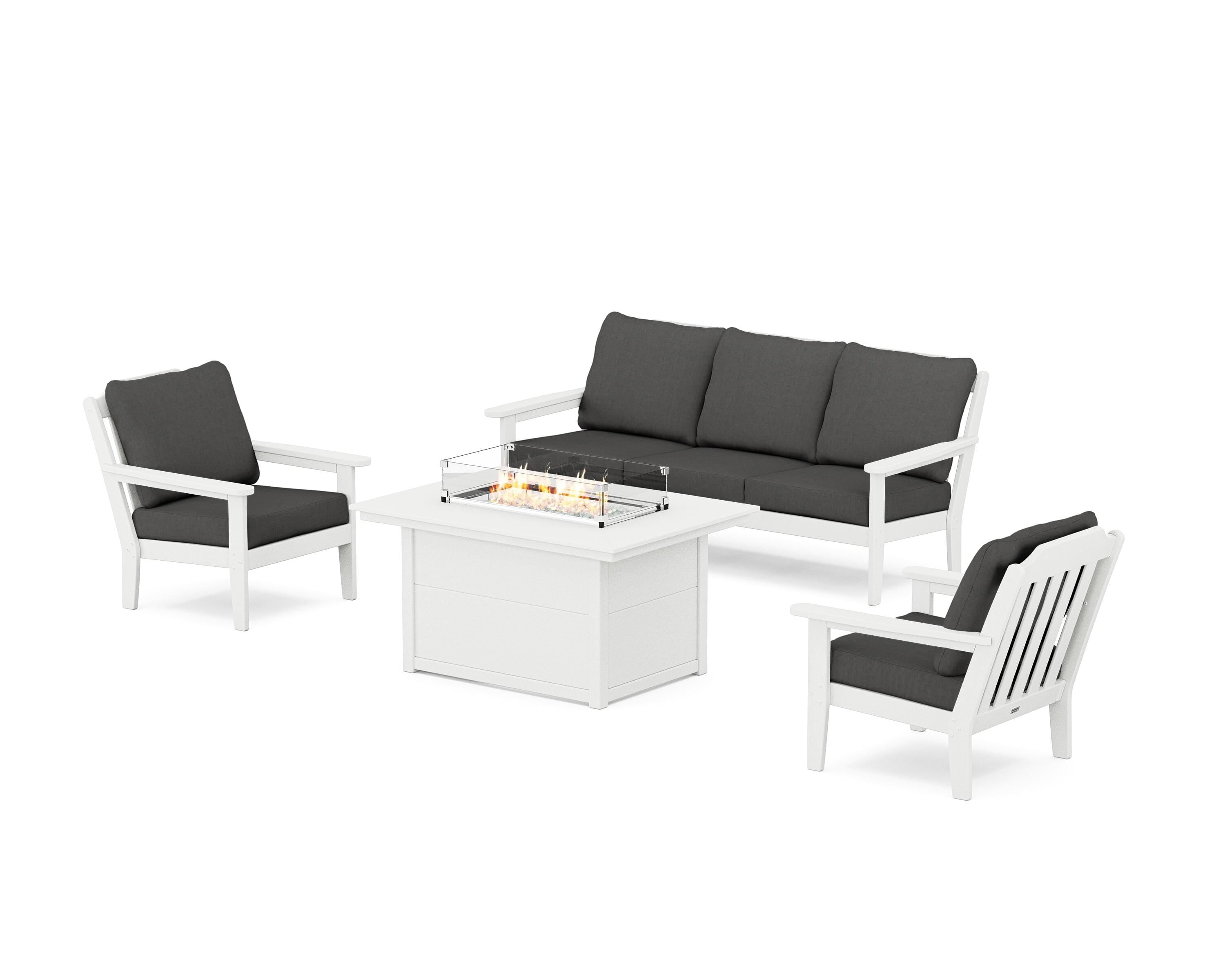 Country Living Cottage Deep Seating Fire Pit Table Set in White / Spectrum Carbon