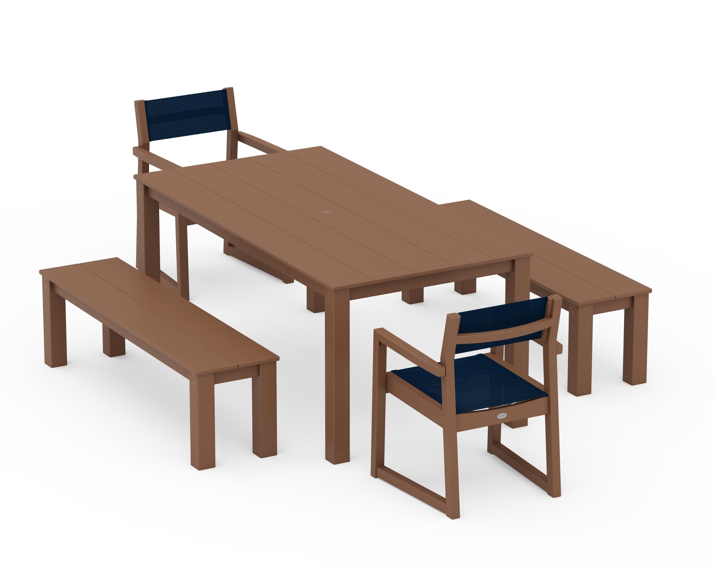 POLYWOOD EDGE Sling Arm Chair 5-Piece Parsons Dining Set with Benches in Teak / Navy Blue Sling