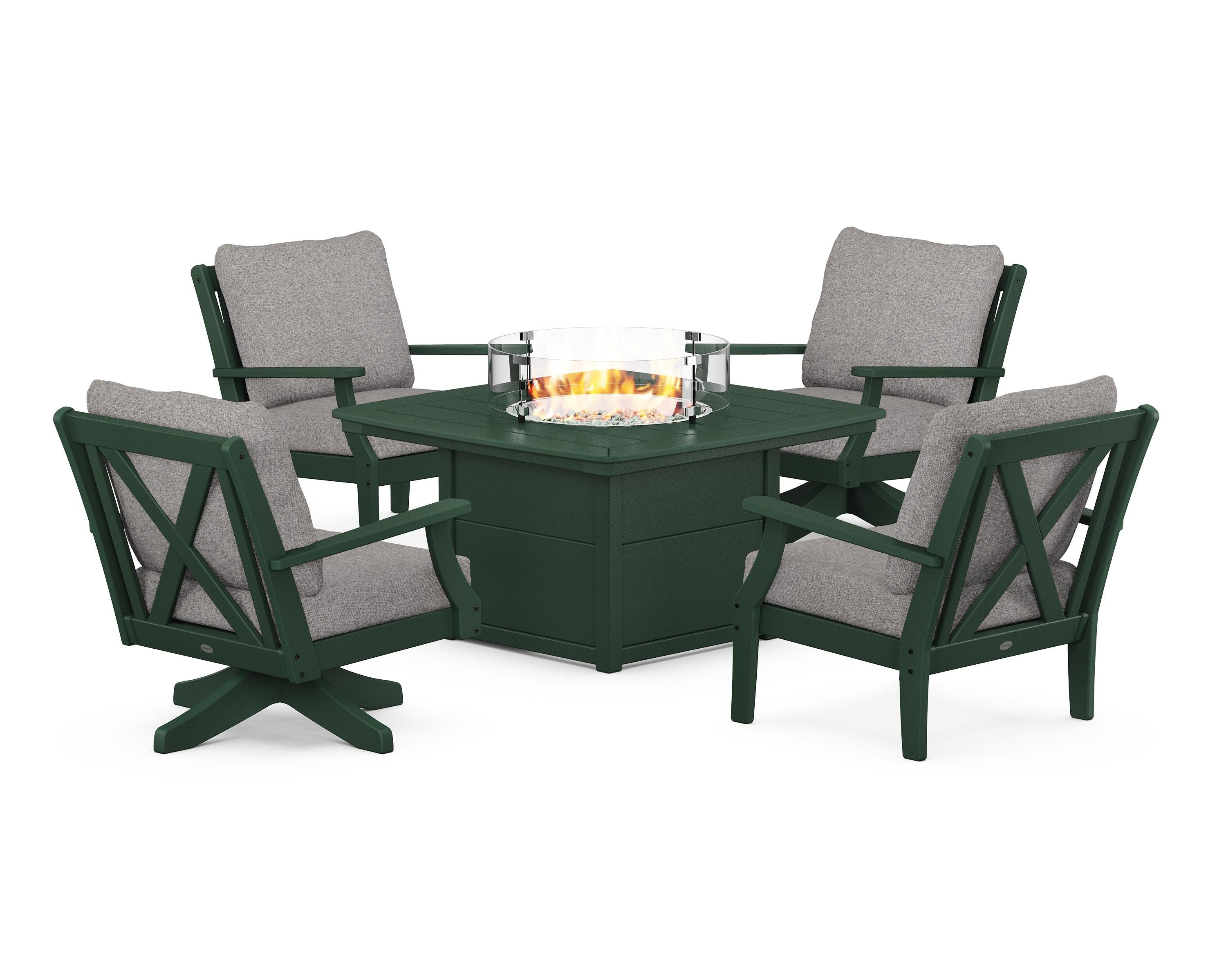 POLYWOOD Braxton 5-Piece Deep Seating Set with Fire Table in Green / Grey Mist