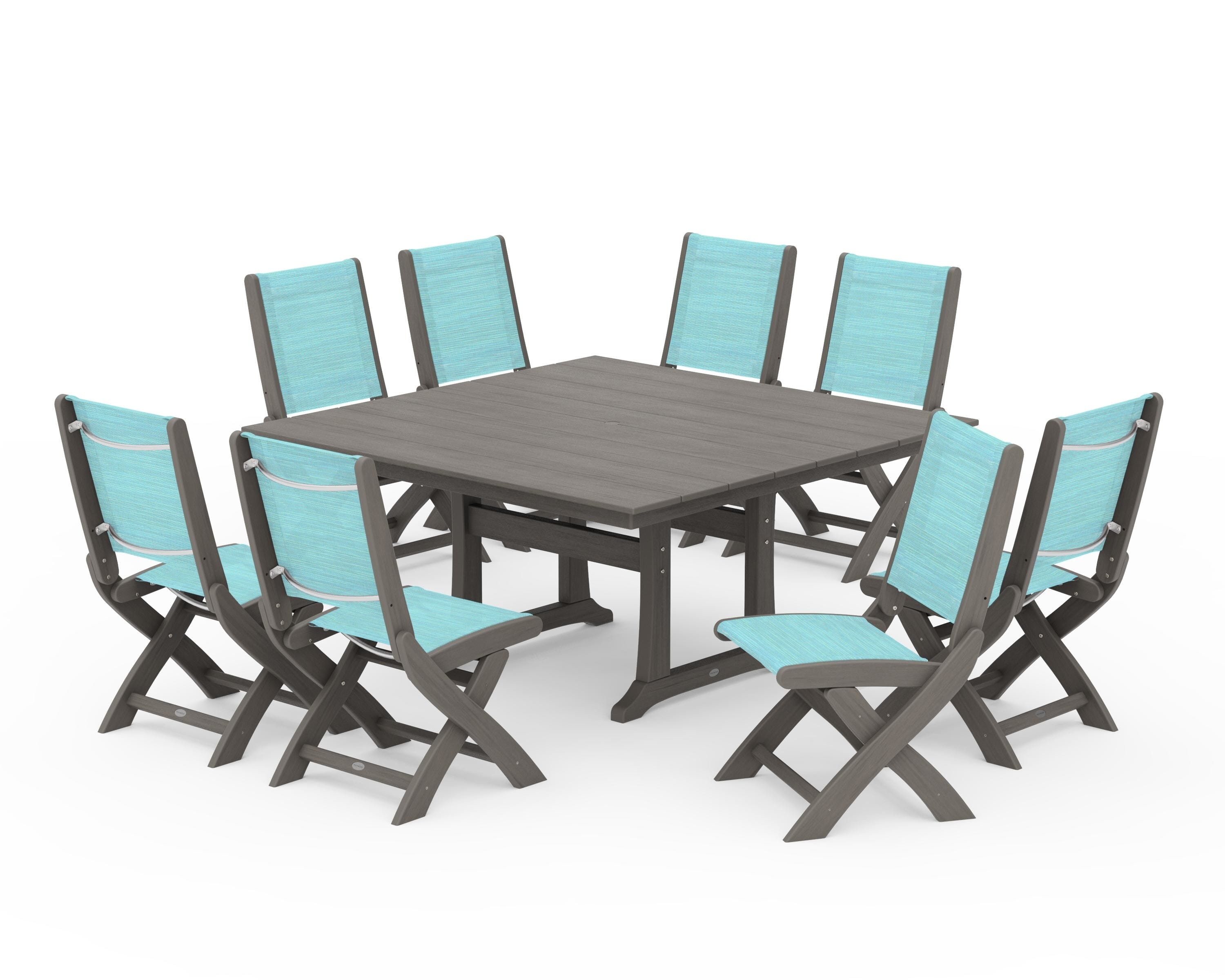 POLYWOOD Coastal Folding Side Chair 9-Piece Farmhouse Dining Set in Driftwood / Dupioni Aquamarine Sling