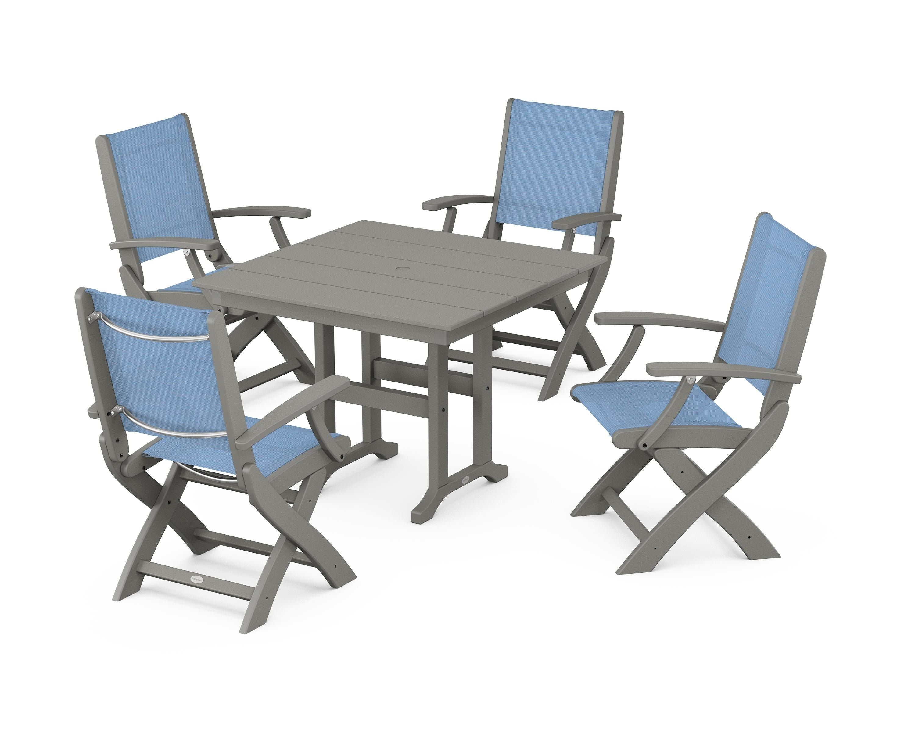 POLYWOOD Coastal Folding Chair 5-Piece Farmhouse Dining Set in Slate Grey / Poolside Sling