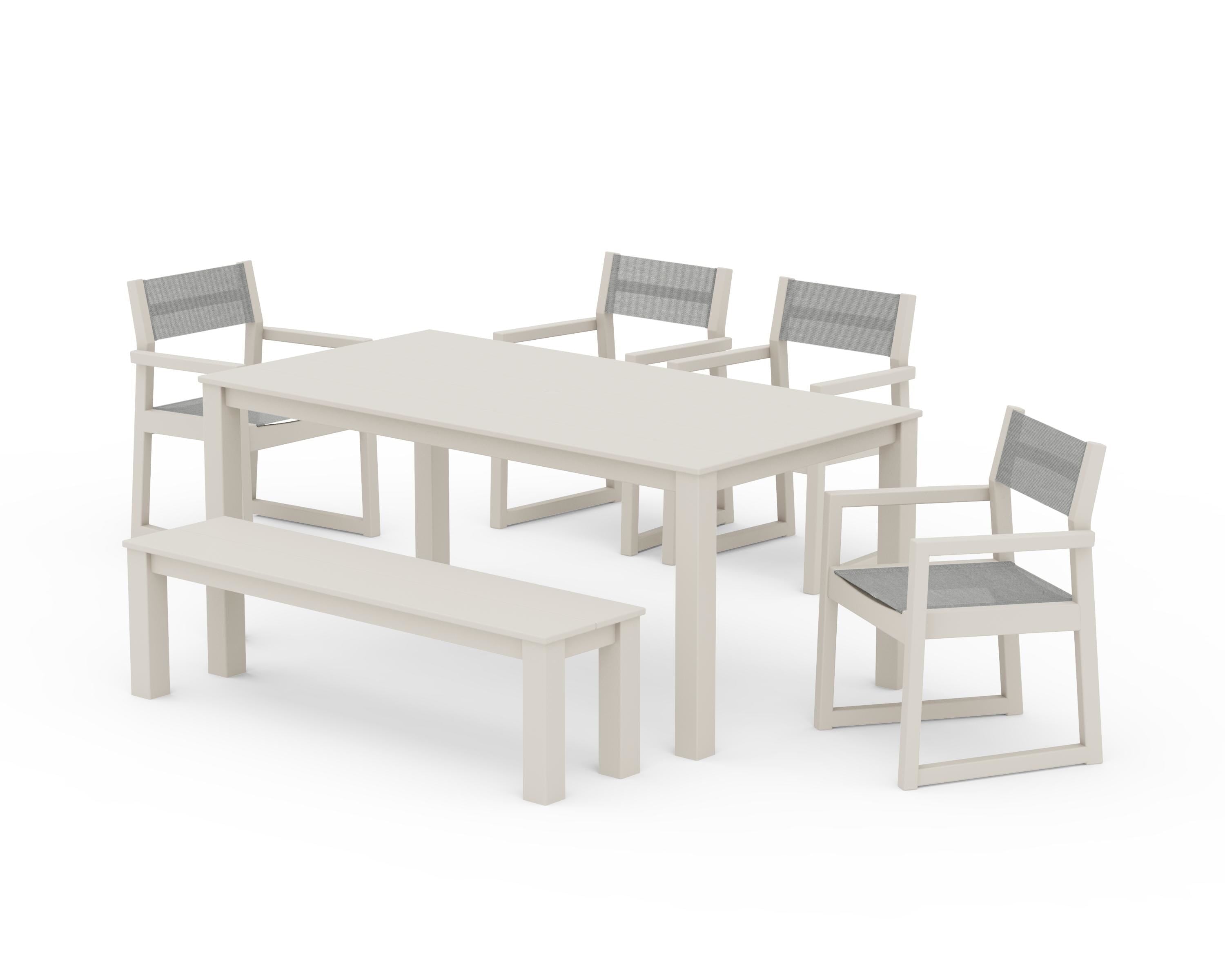 POLYWOOD EDGE Sling Arm Chair 6-Piece Parsons Dining Set with Bench in Sand / Metallic Sling