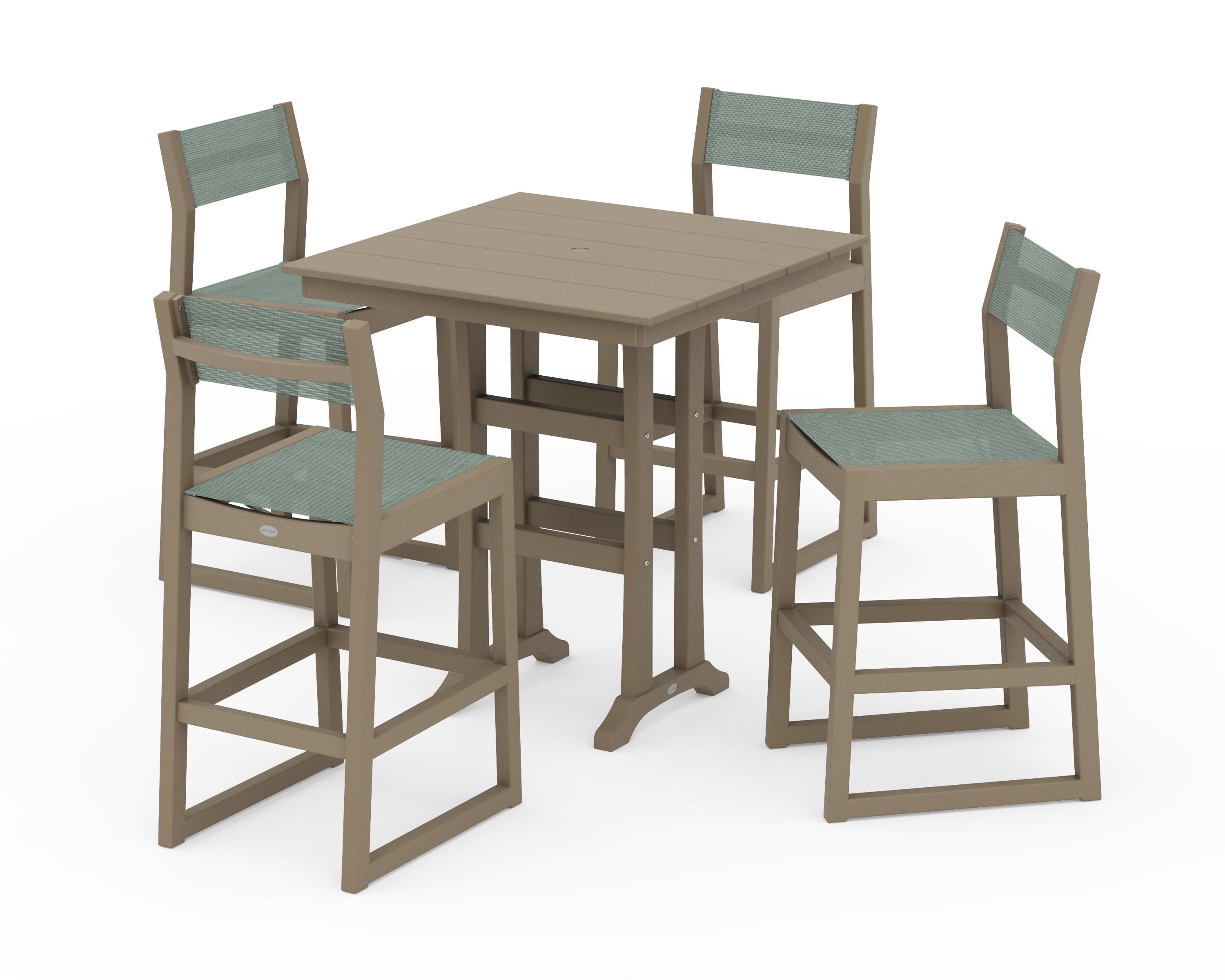 POLYWOOD EDGE Sling Arm Chair 5-Piece Farmhouse Bar Set with Trestle Legs in Vintage Sahara / Dupioni Sea Mist Sling