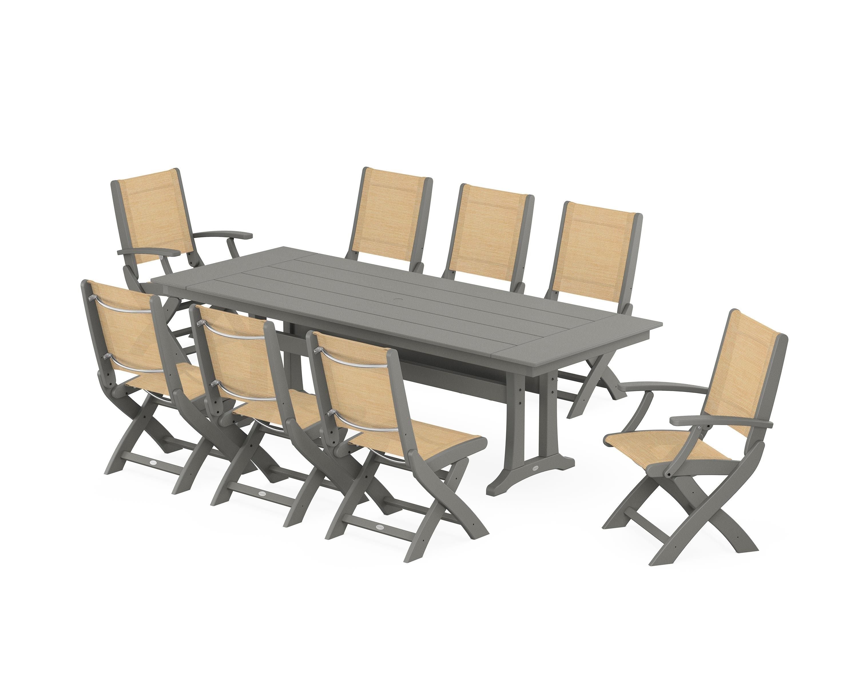 POLYWOOD Coastal 9-Piece Folding Dining Chair Farmhouse Dining Set with Trestle Legs in Slate Grey / Dupioni Apricot Sling