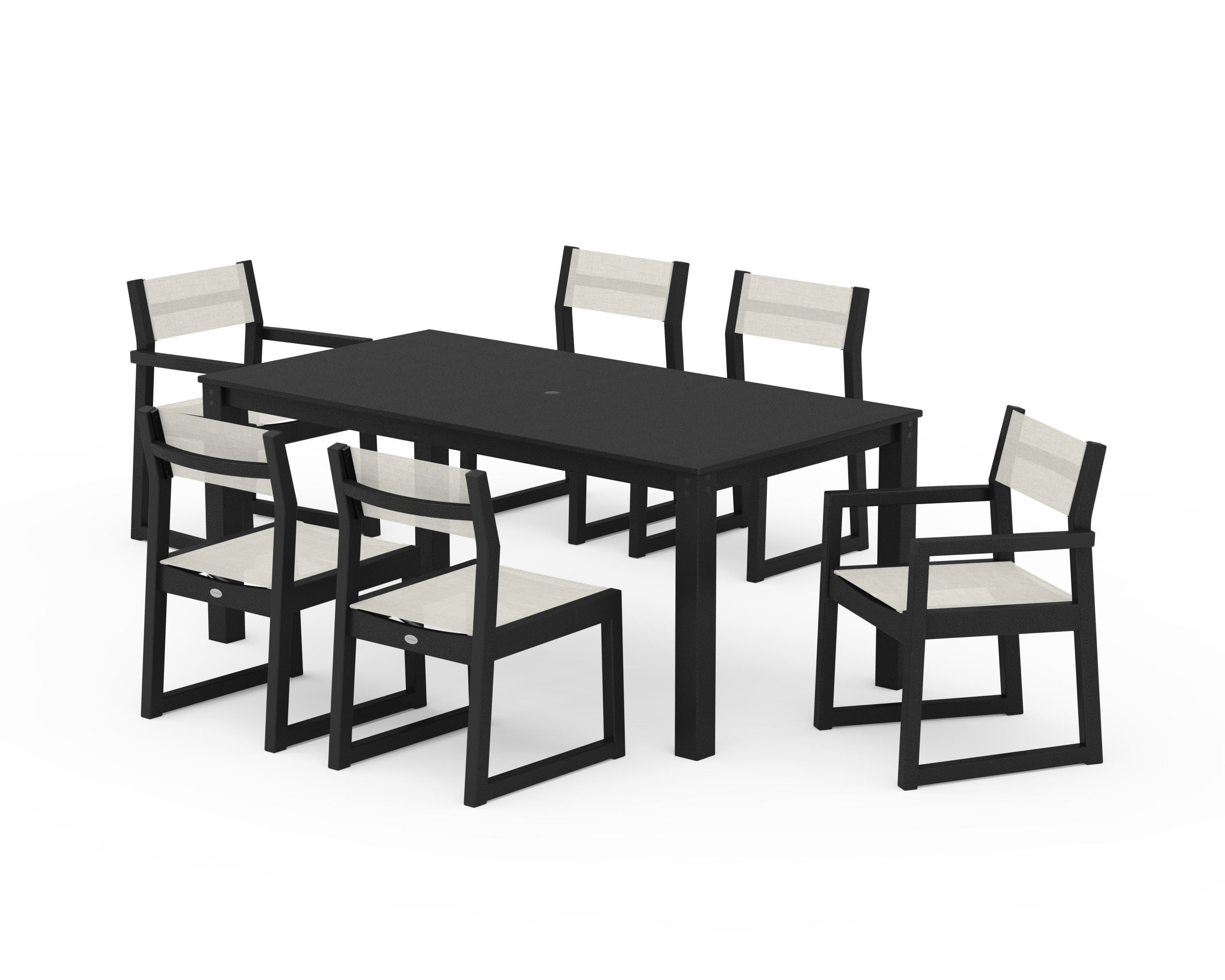 POLYWOOD EDGE Sling 7-Piece Parsons Dining Set in Black / Parchment Sling