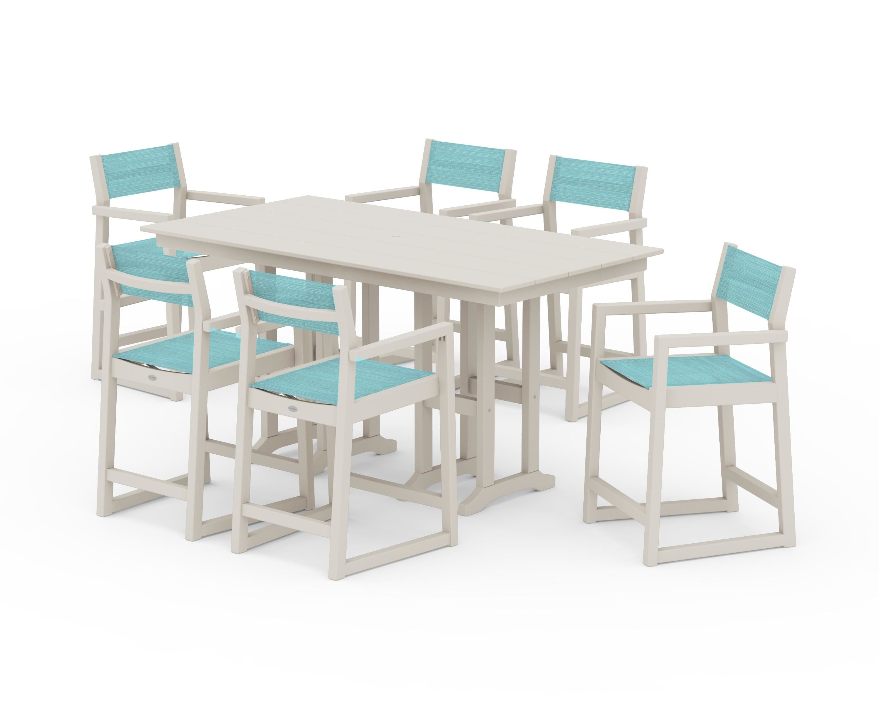 POLYWOOD EDGE Sling Arm Chair 7-Piece Farmhouse Counter Set in Sand / Dupioni Aquamarine Sling