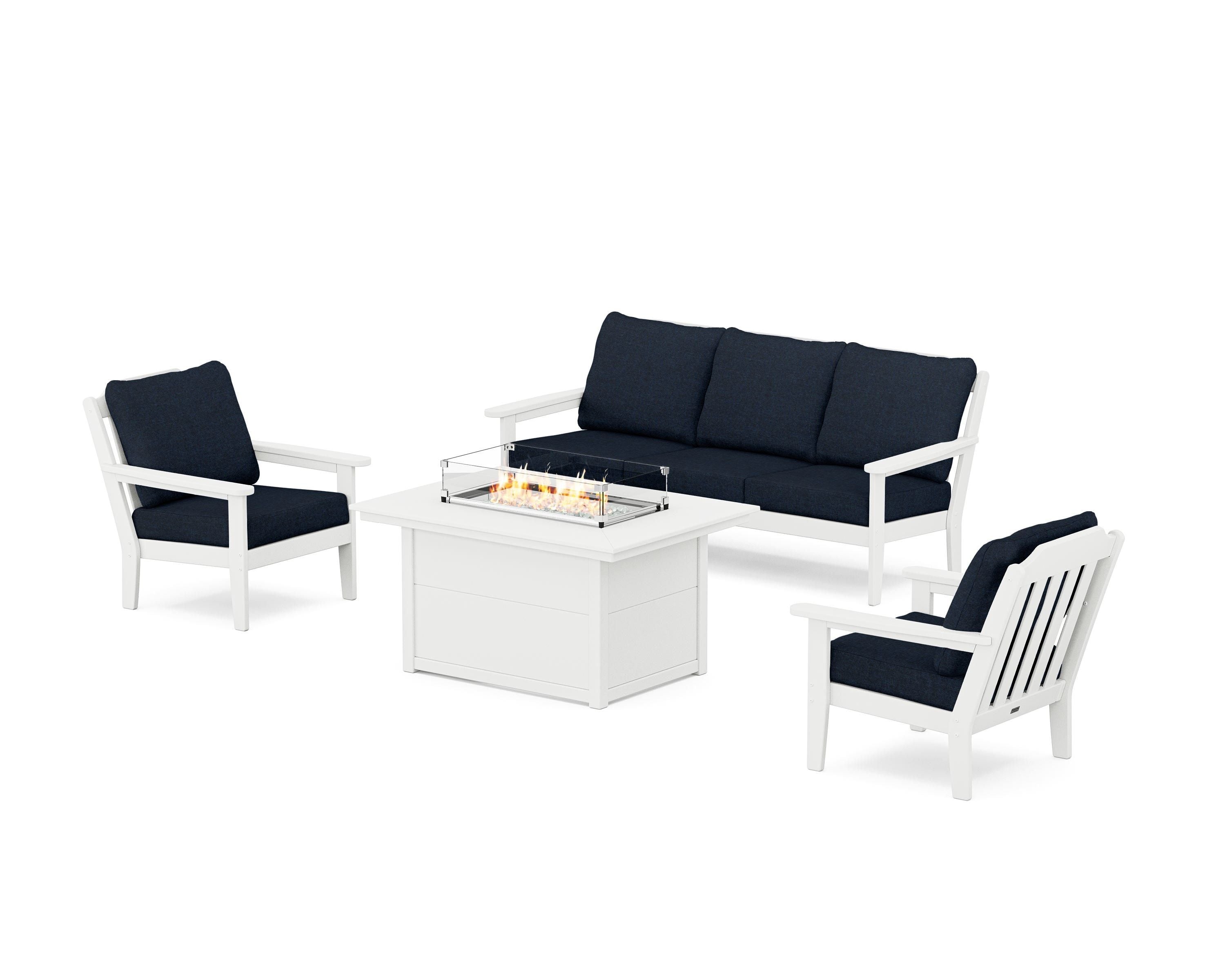 Country Living Cottage Deep Seating Fire Pit Table Set in White / Marine Indigo