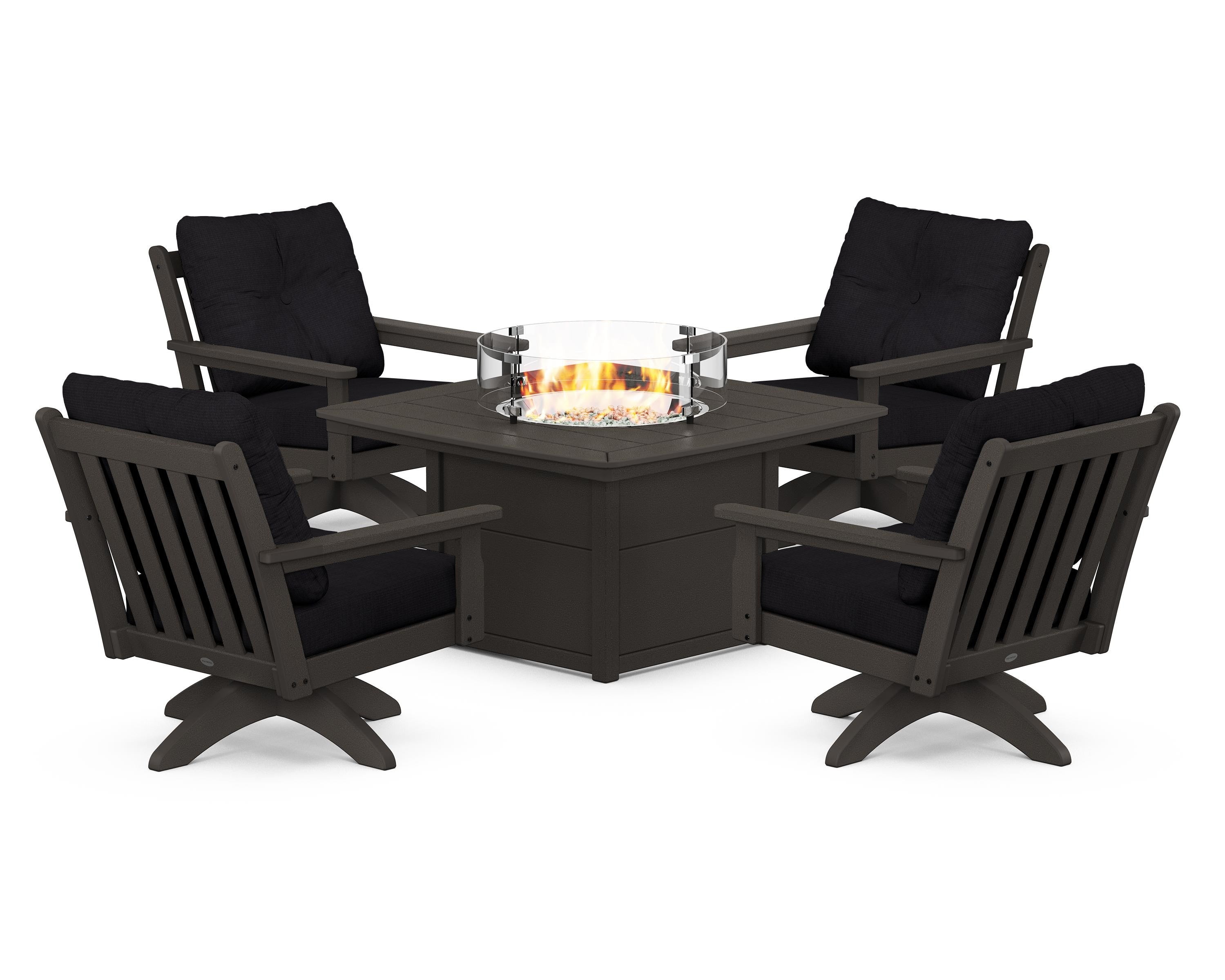 POLYWOOD Vineyard 5-Piece Deep Seating Swivel Conversation Set with Fire Pit Table in Vintage Coffee / Midnight Linen