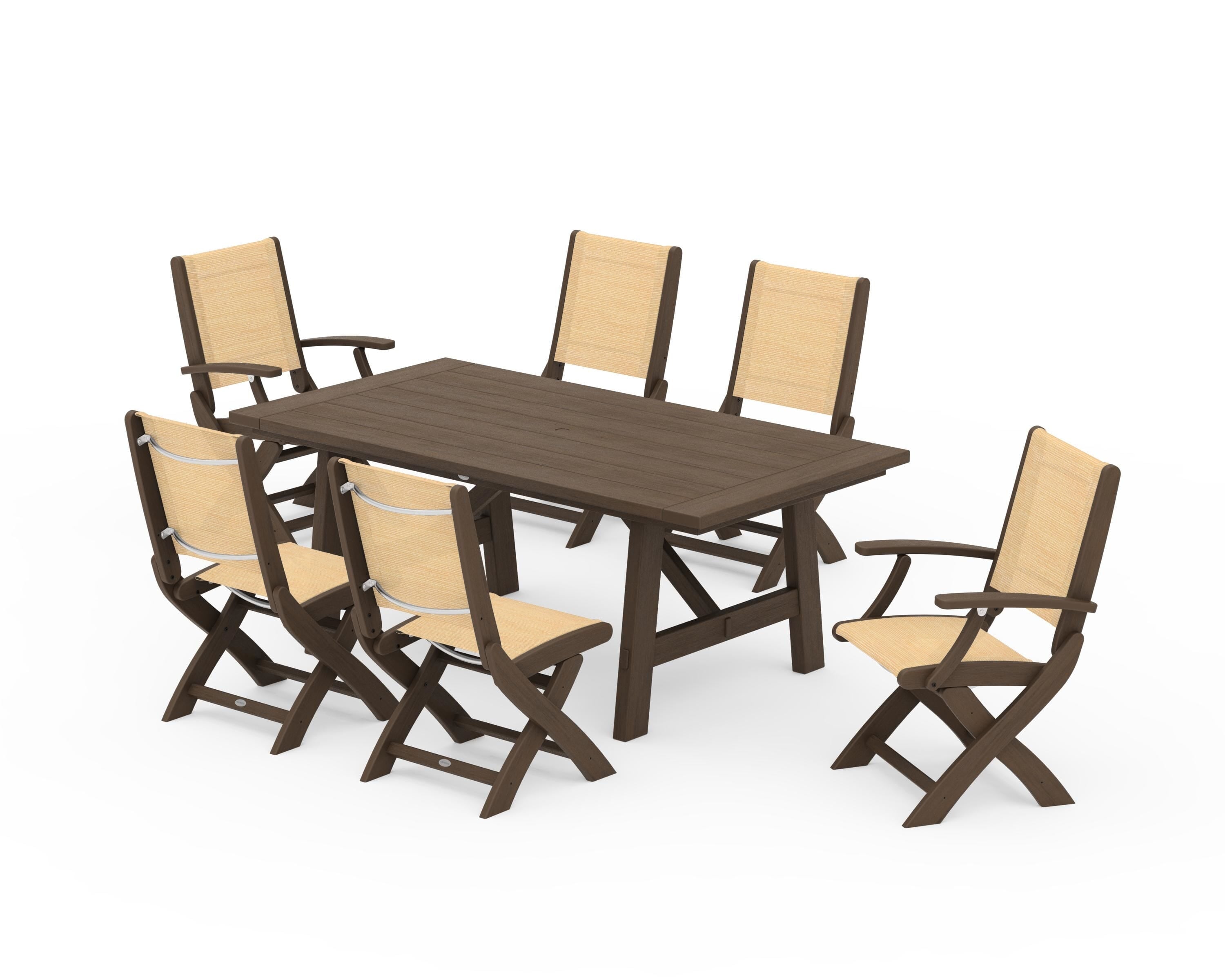 POLYWOOD Coastal Folding Chair 7-Piece Rustic Farmhouse Dining Set in Kona / Dupioni Apricot Sling